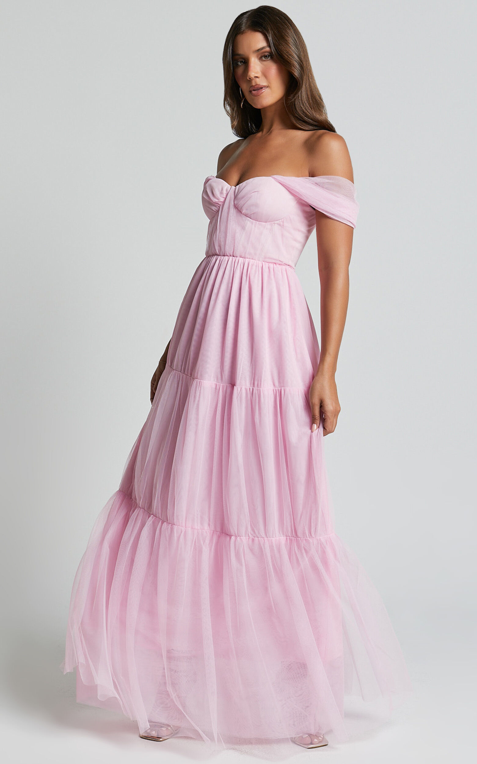 Ontario Maxi Dress - Off Shoulder Corset Bodice Tulle Dress in Ballet Pink