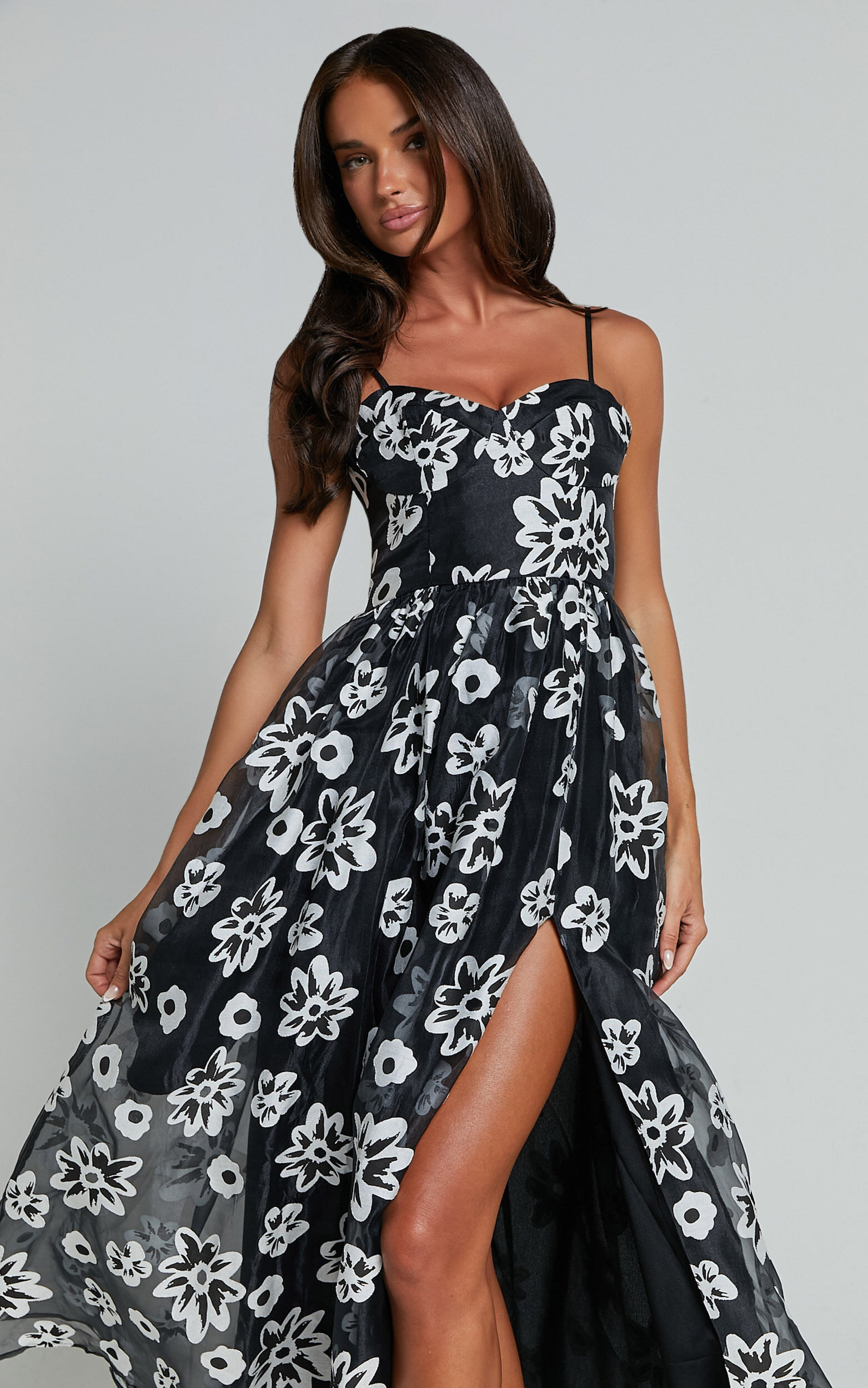 Nikky Midi Dress - Organza Full Skirt Dress in Black Floral