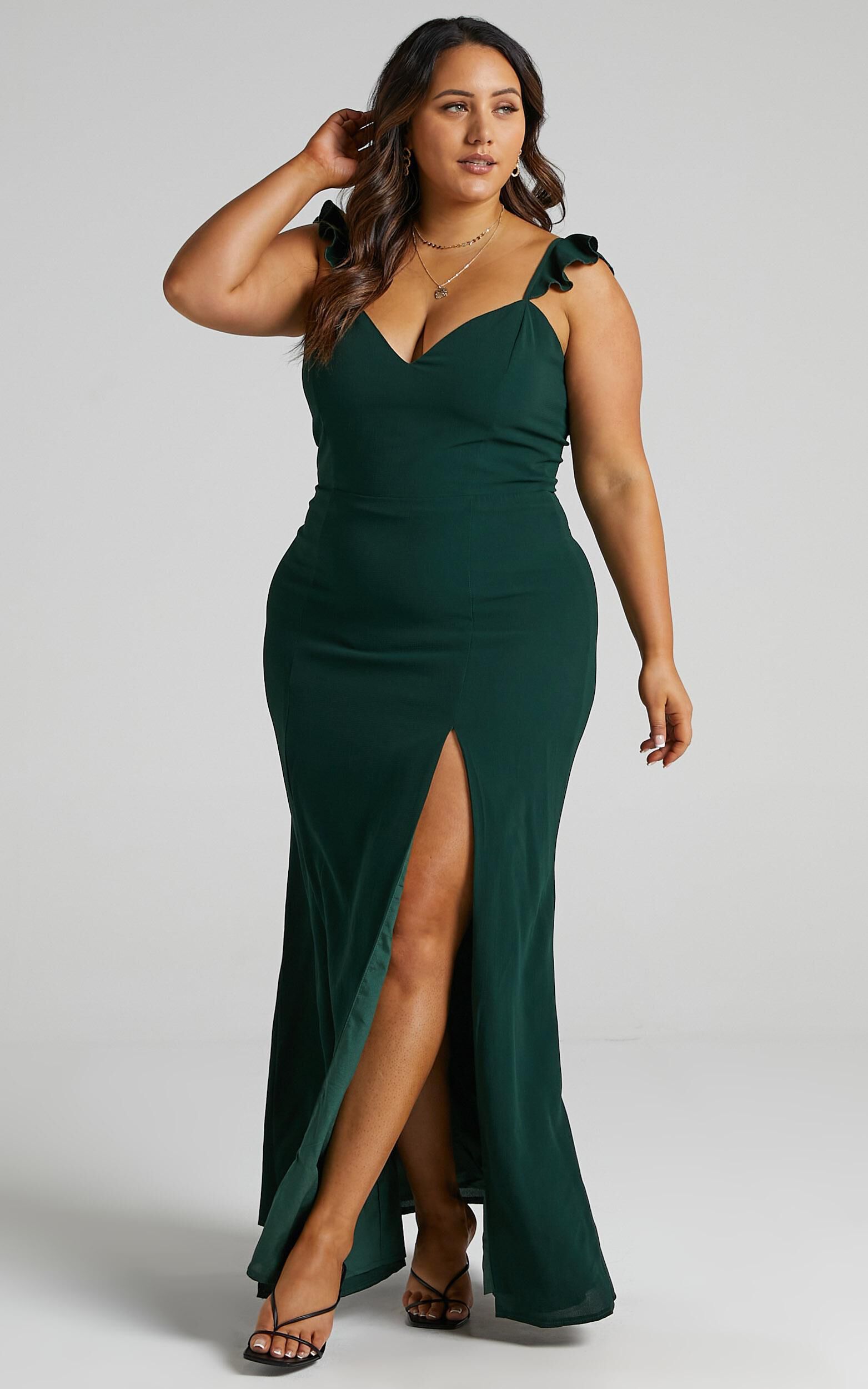 More Than This Maxi Dress - Ruffle Strap Thigh Split Dress in Emerald