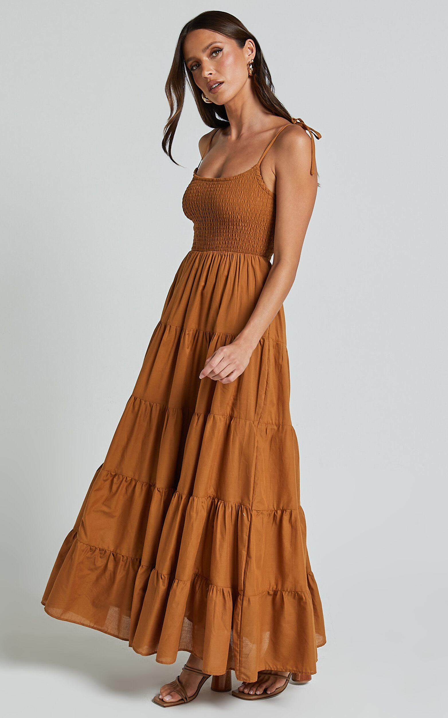 Angie Maxi Dress - Tie Strap Ruched Tiered Dress in Chocolate