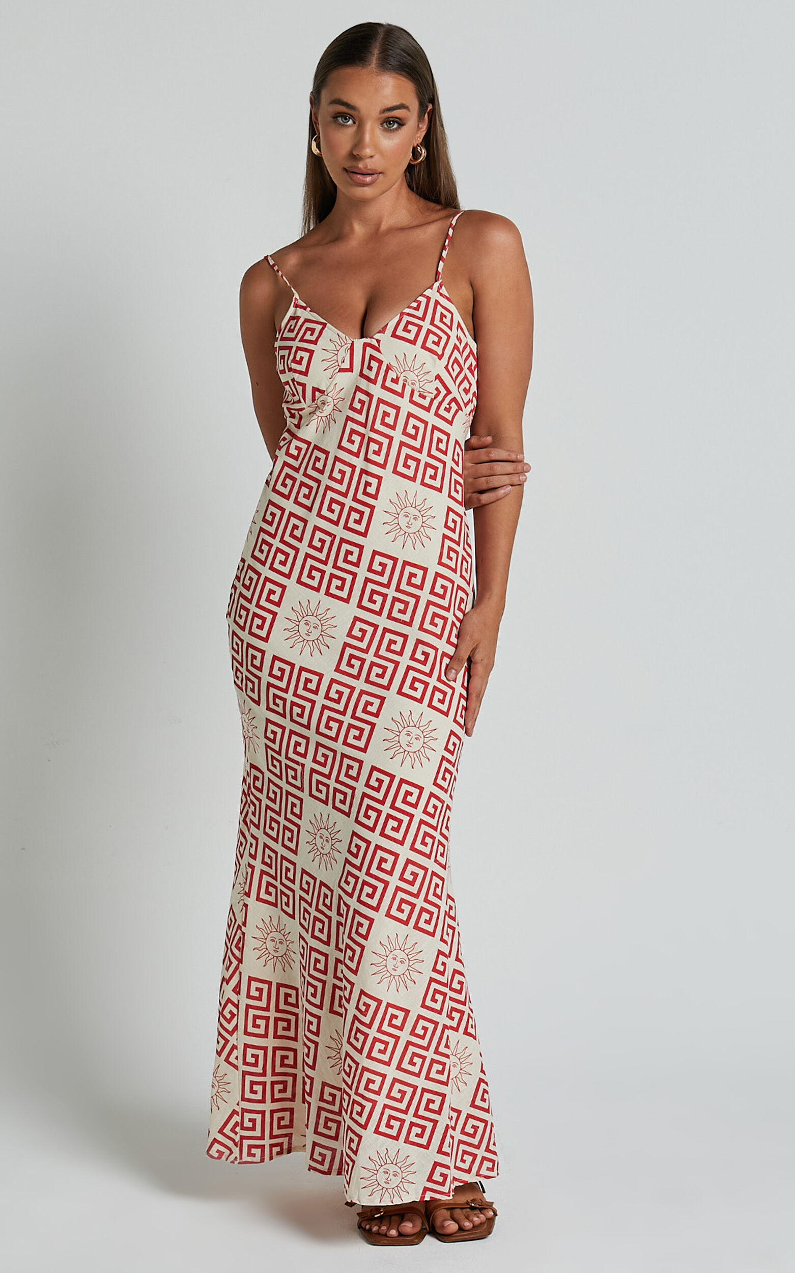 Zinnia Midi Linen Dress - Strappy Linen Slip Dress in Beige/Red Greek Sun Print