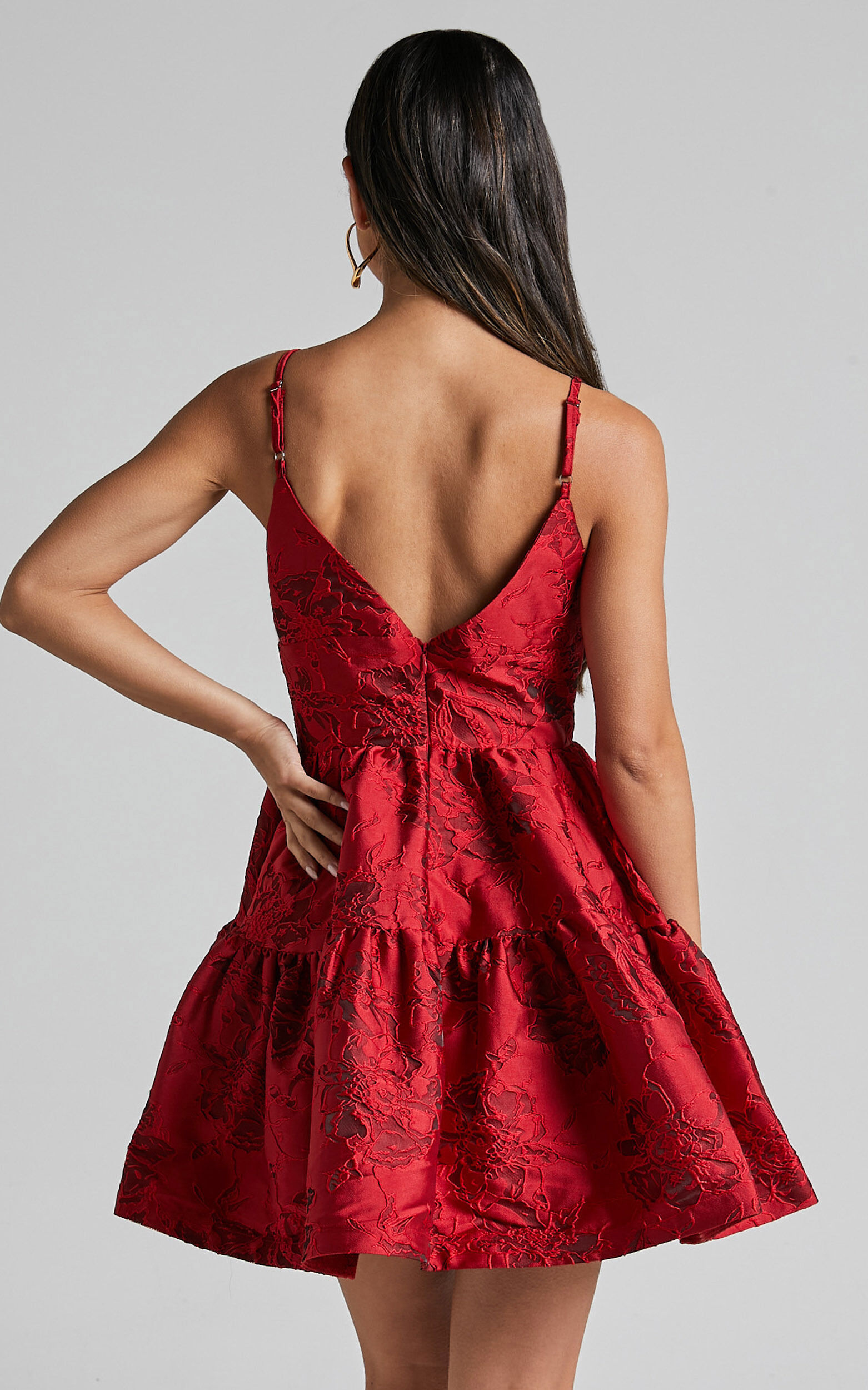 Britany Mini Dress - V Neck Tiered Strappy Tiered Fit and Flare Dress in Red