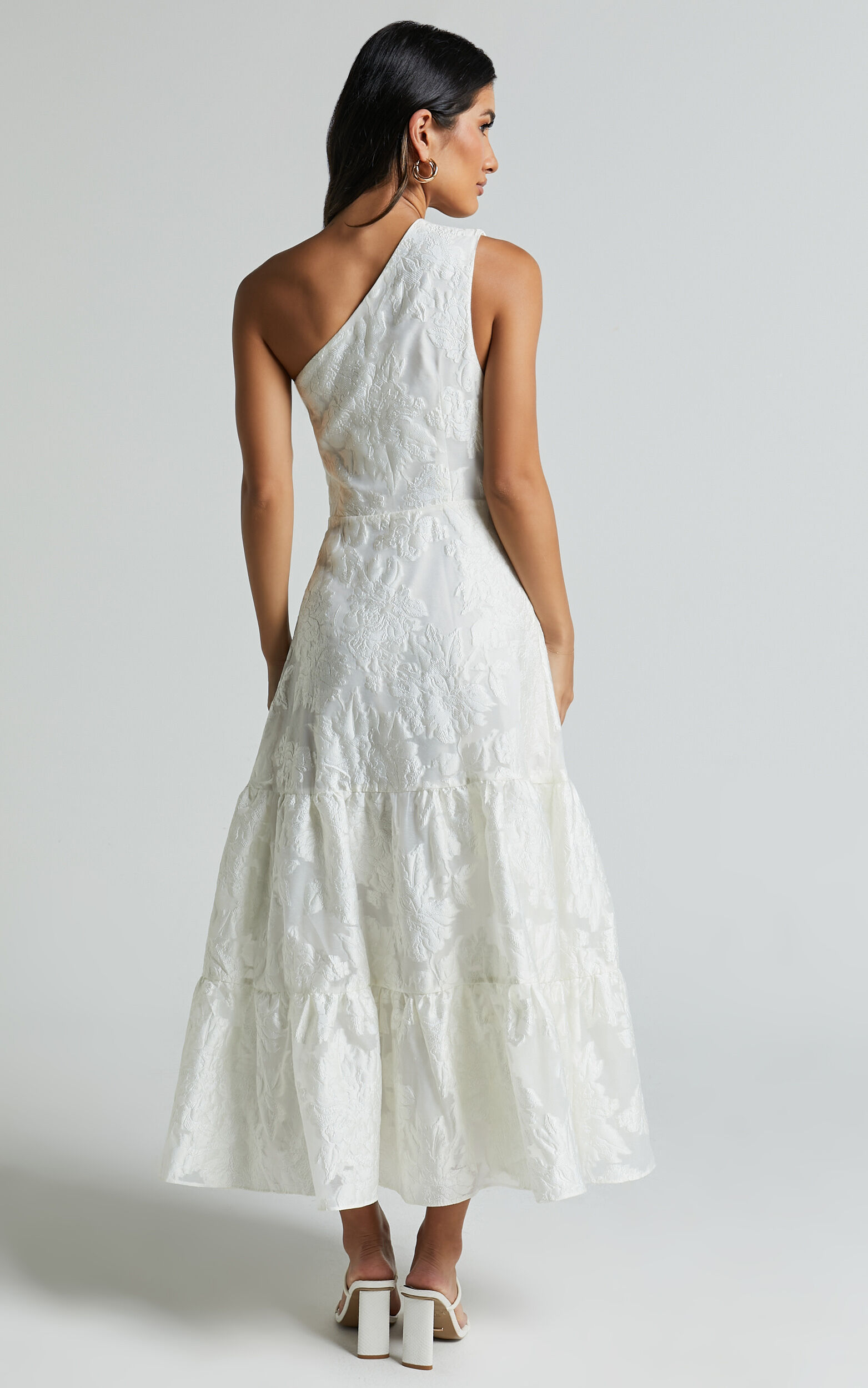 Nadette Midi Dress - One Shoulder Pleated Tiered Dress in White