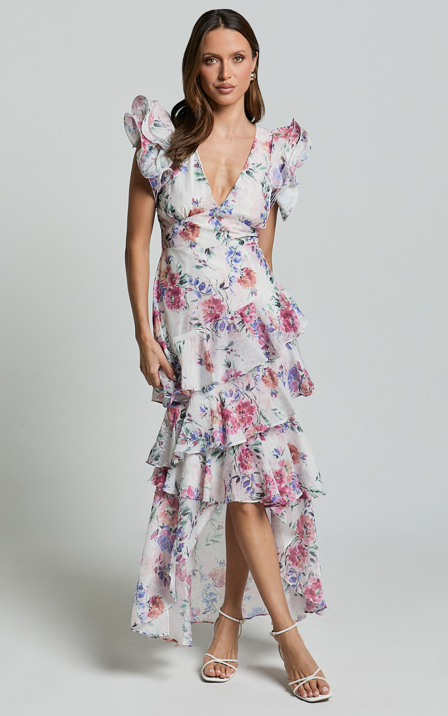 Amalie The Label - Sienah Ruffle Sleeve Tiered Midi Dress in Delhia Floral Print