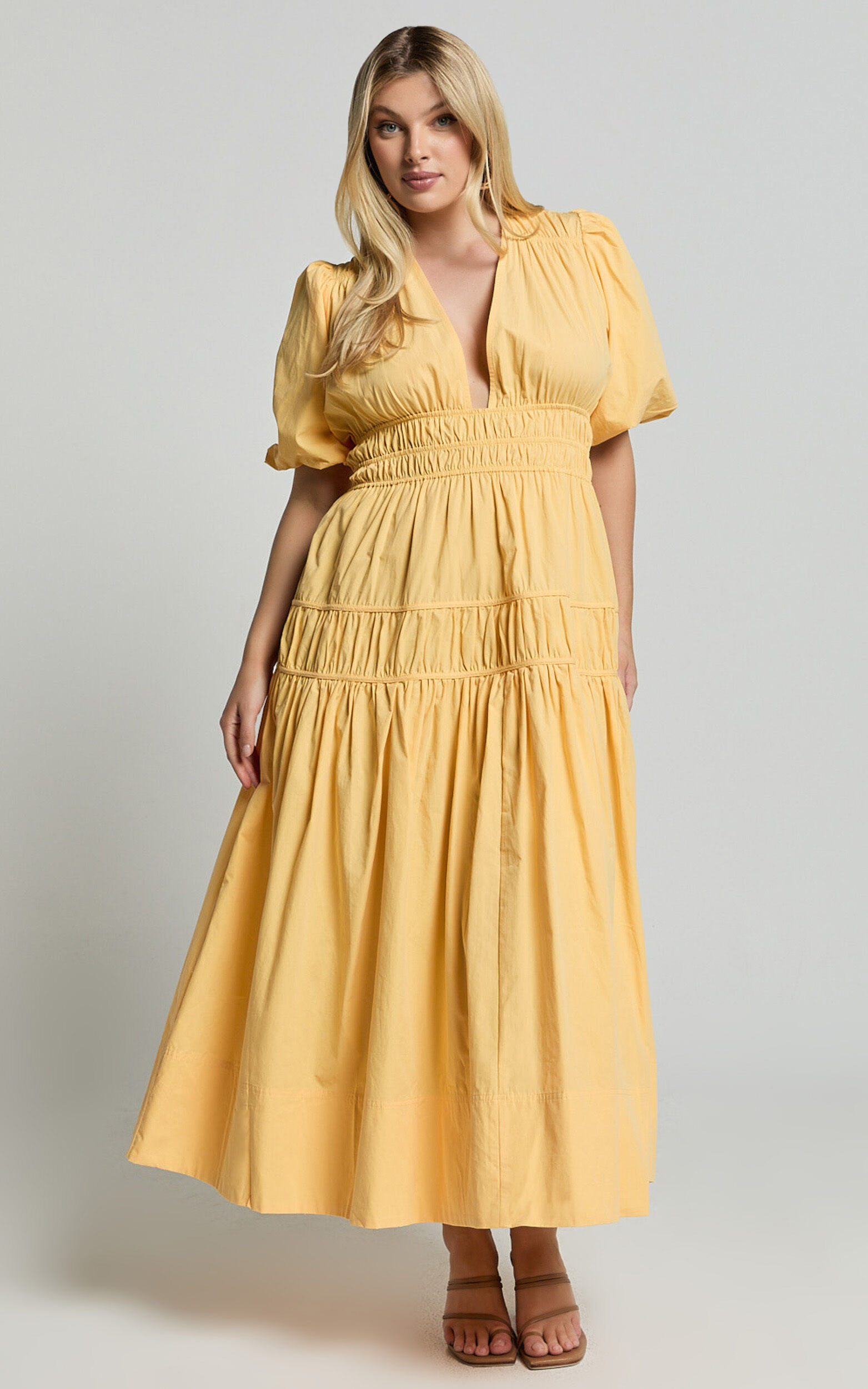Mellie Midi Dress - Puff Sleeve Plunge Tiered Dress in Pineapple