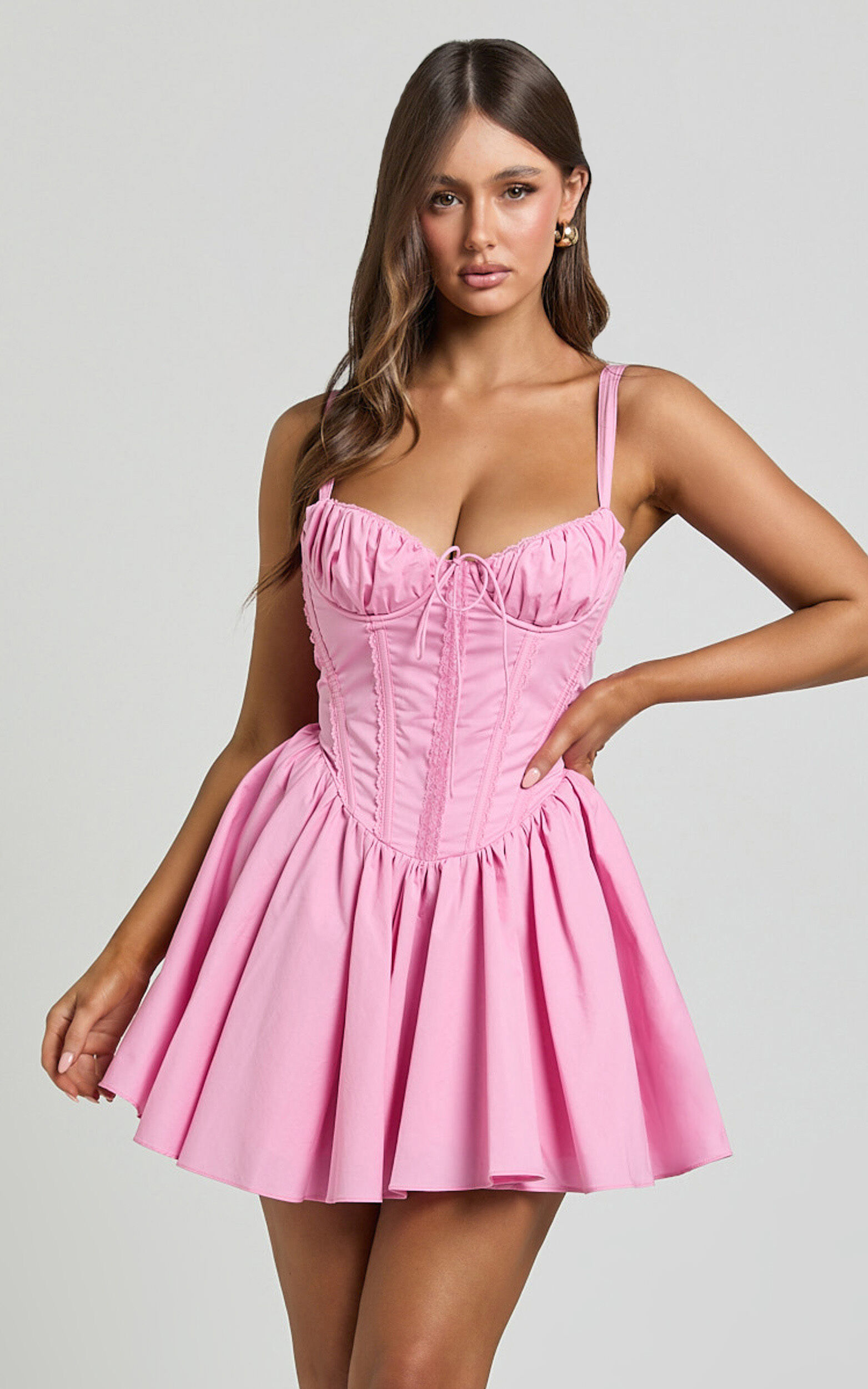 Jenna Mini Dress - Corset Lace Trim Flared Dress in Musk Pink