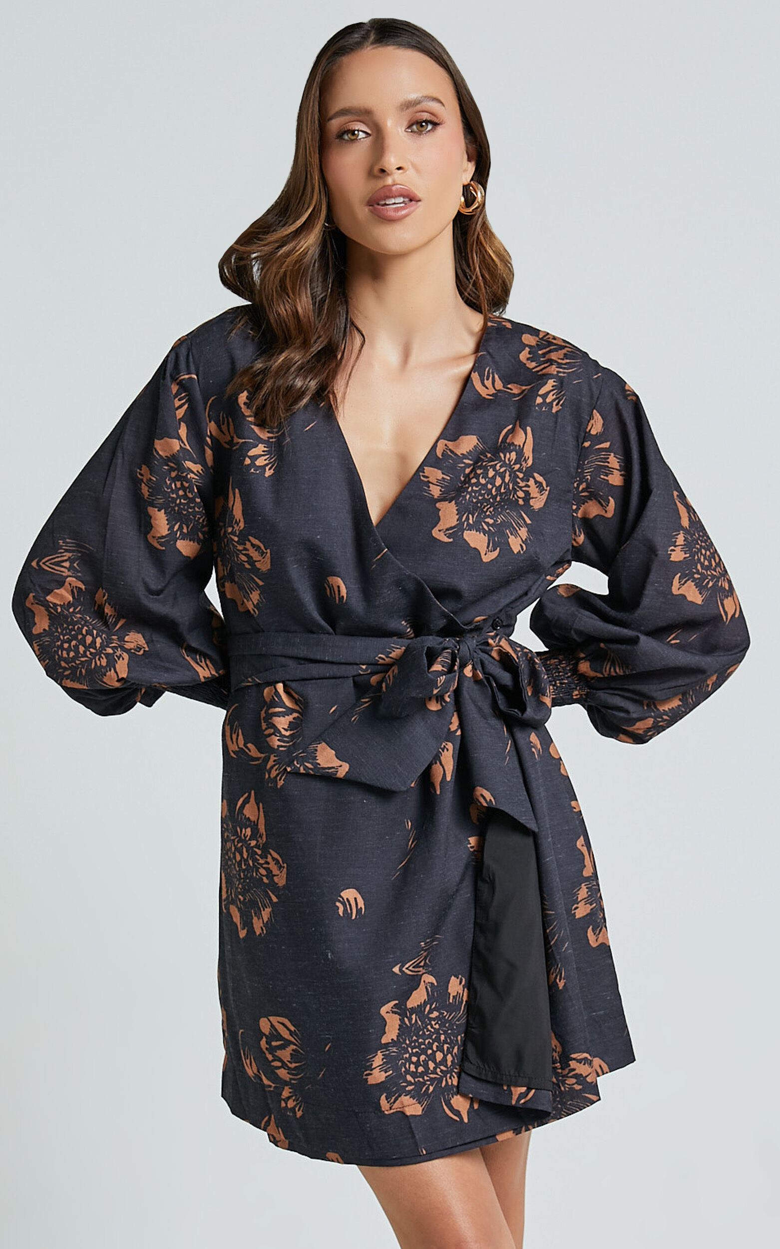Alvinia Mini Dress - Balloon Long Sleeve Wrap Dress in Black Print