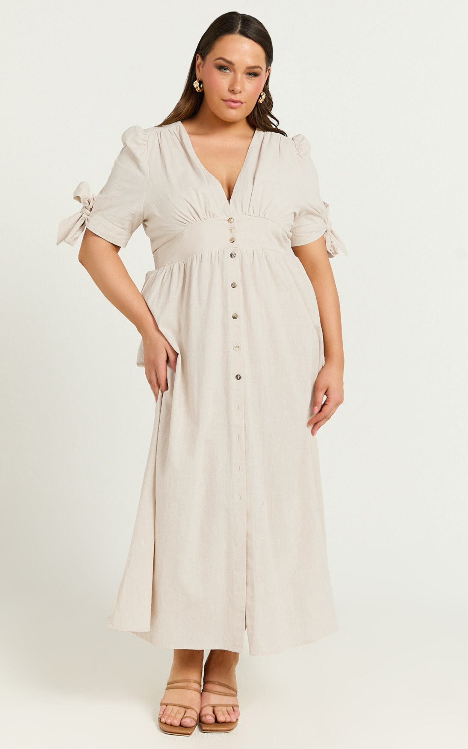 Avegail Midi Dress - V Neck Button Through Short Sleeve Dress in Bone