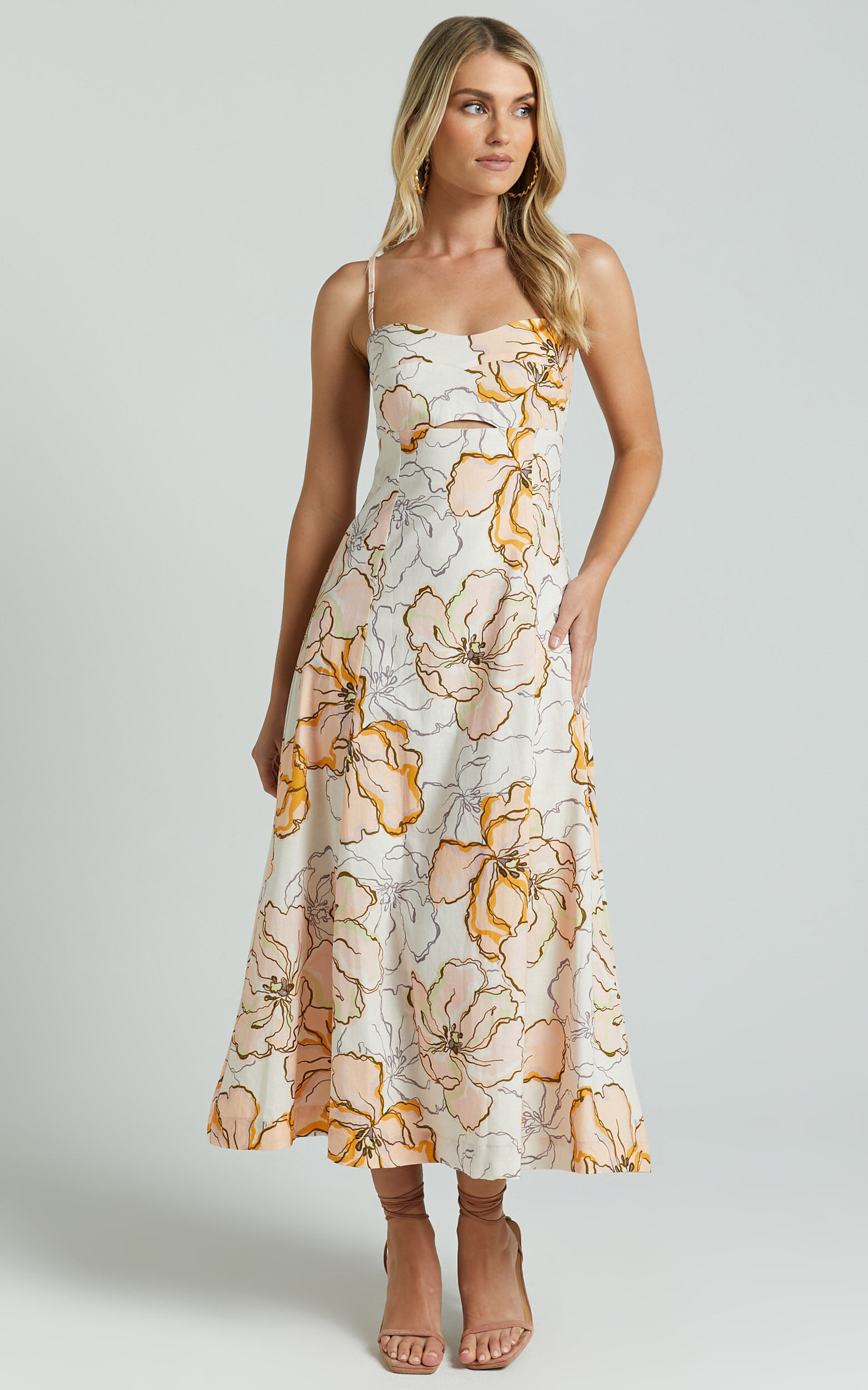 Amalie The Label - Carietta Linen Blend Strappy Sweetheart Cut Out A Line Midi Dress in Maison Fleur