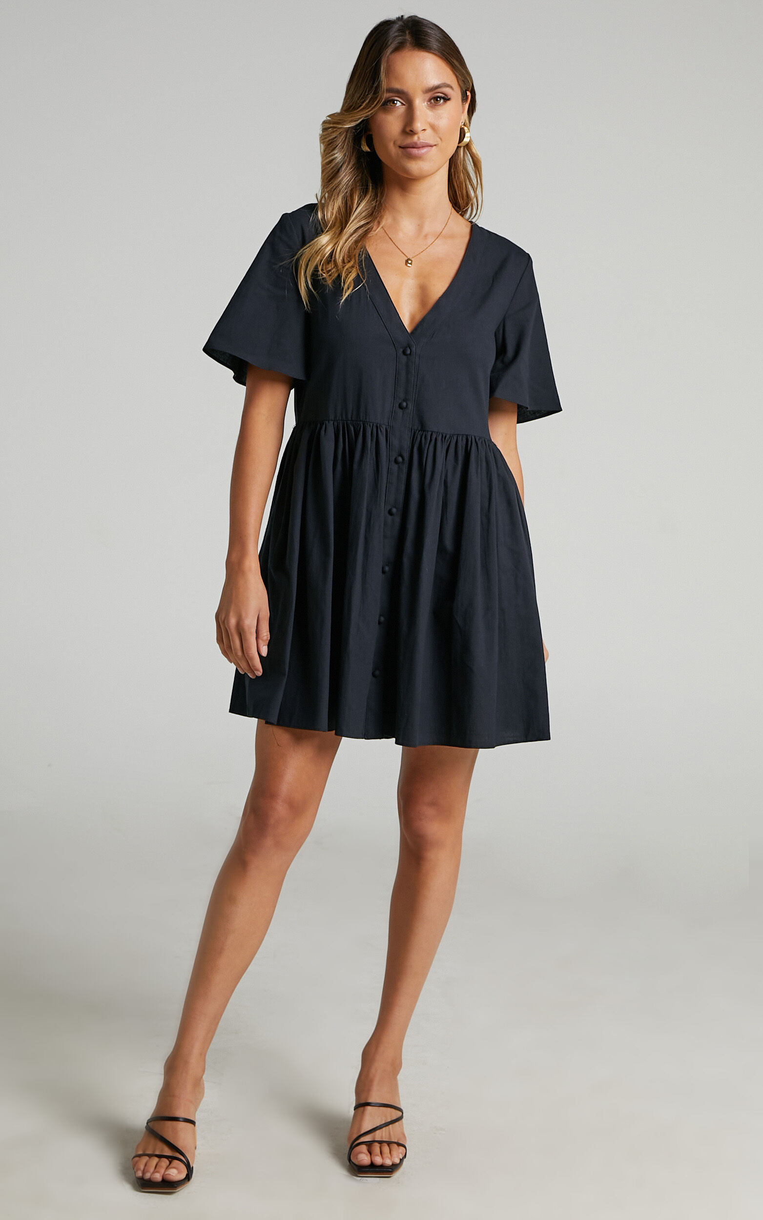 Staycation Mini Dress - Smock Button Up Dress in Black