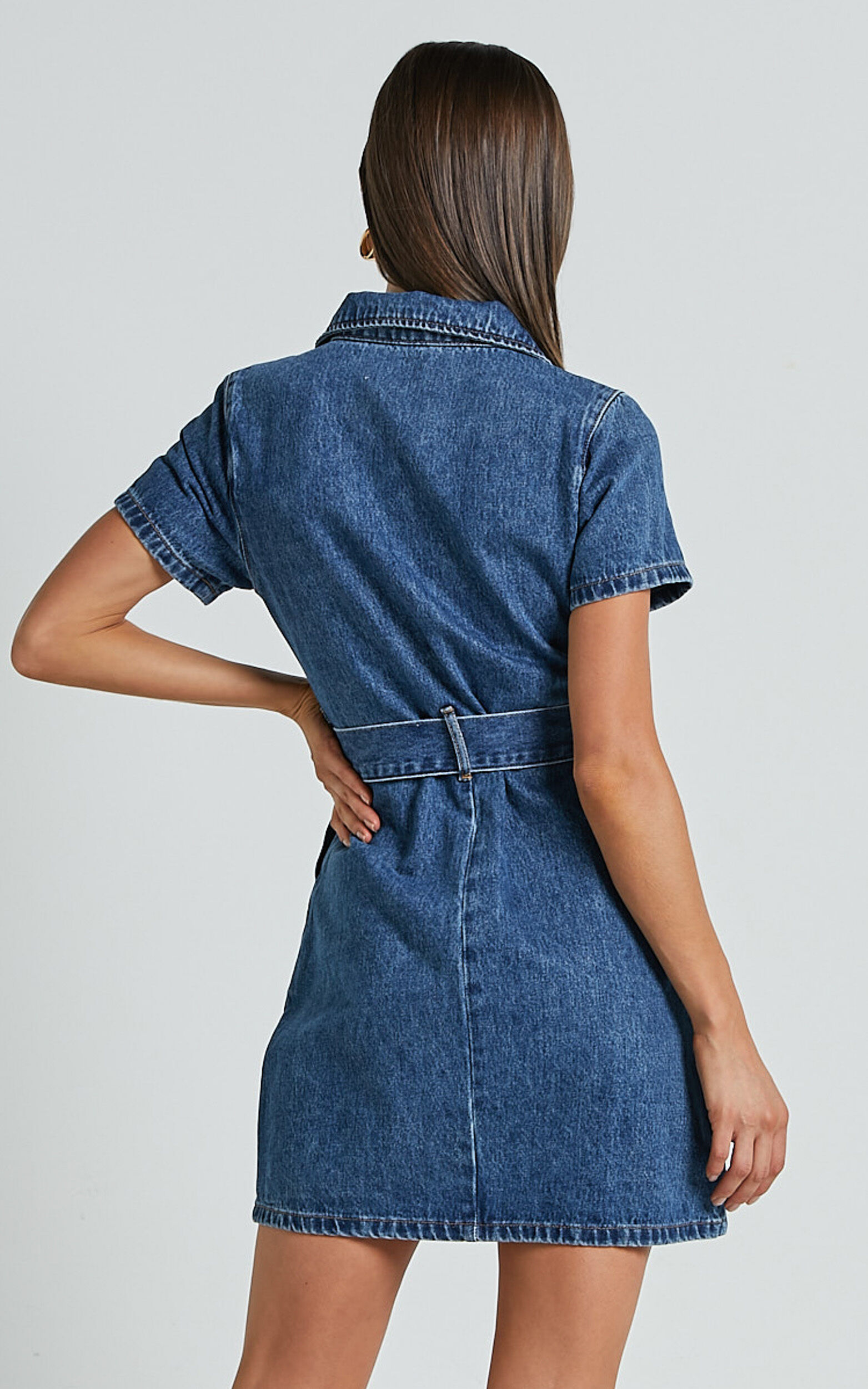 Nandini Mini Dress - Zip Through Denim Dress in Blue