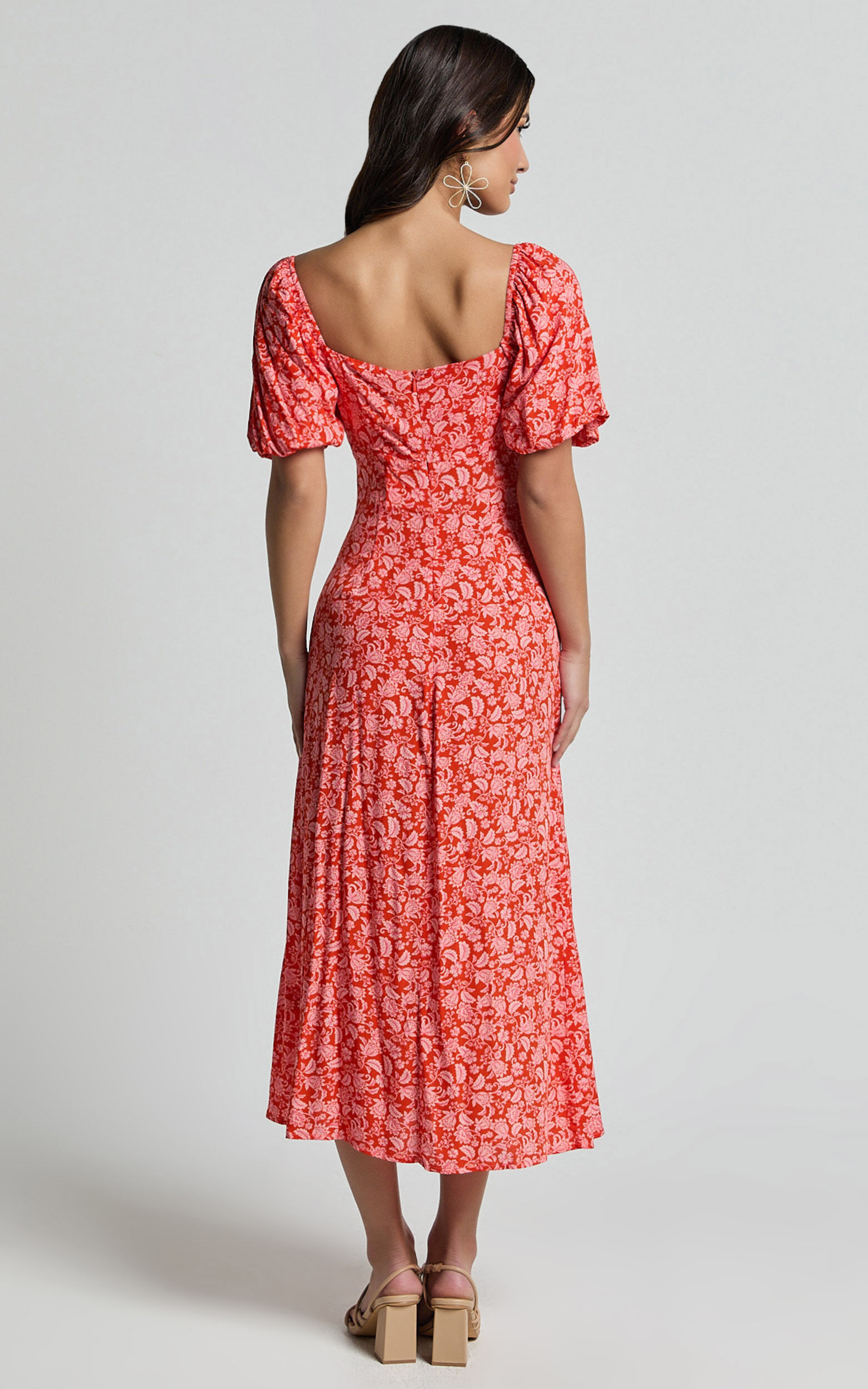 Caitlin Midi Dress - Puff Sleeve Thigh Split Dress in Orange