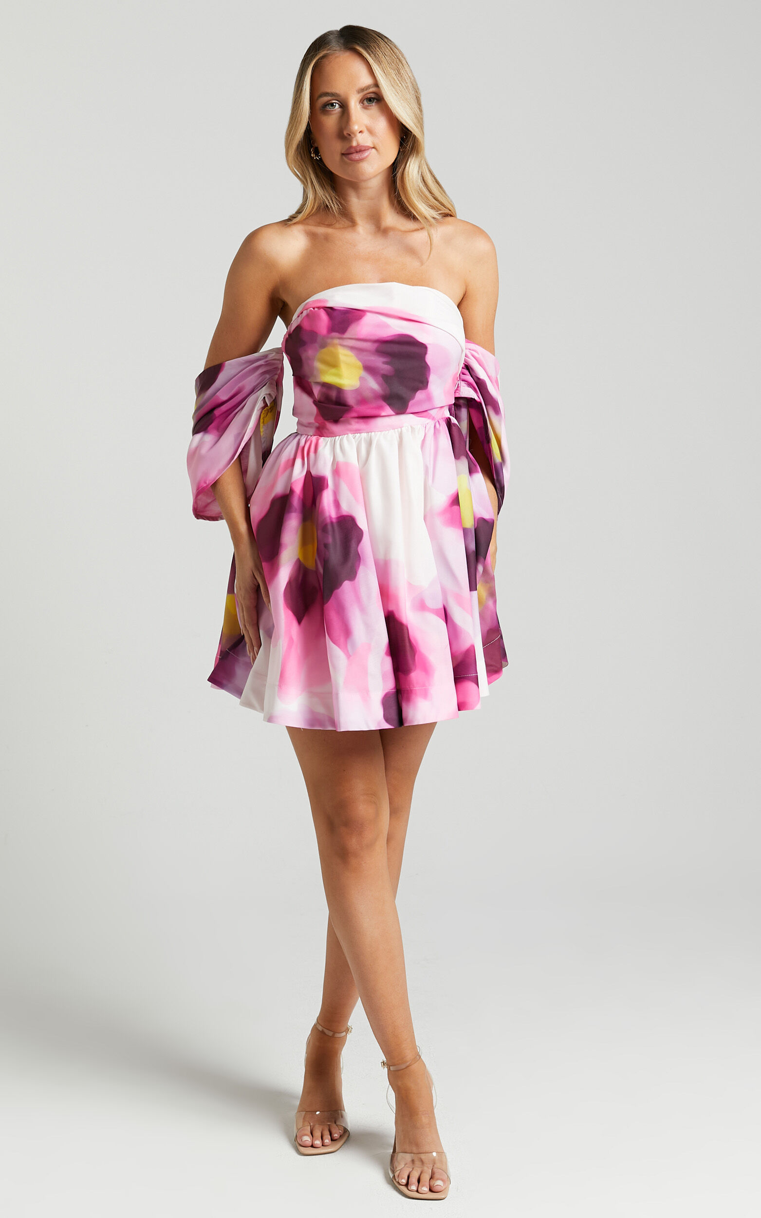 Claudie Off Shoulder Mini Dress in Zinnia Bloom