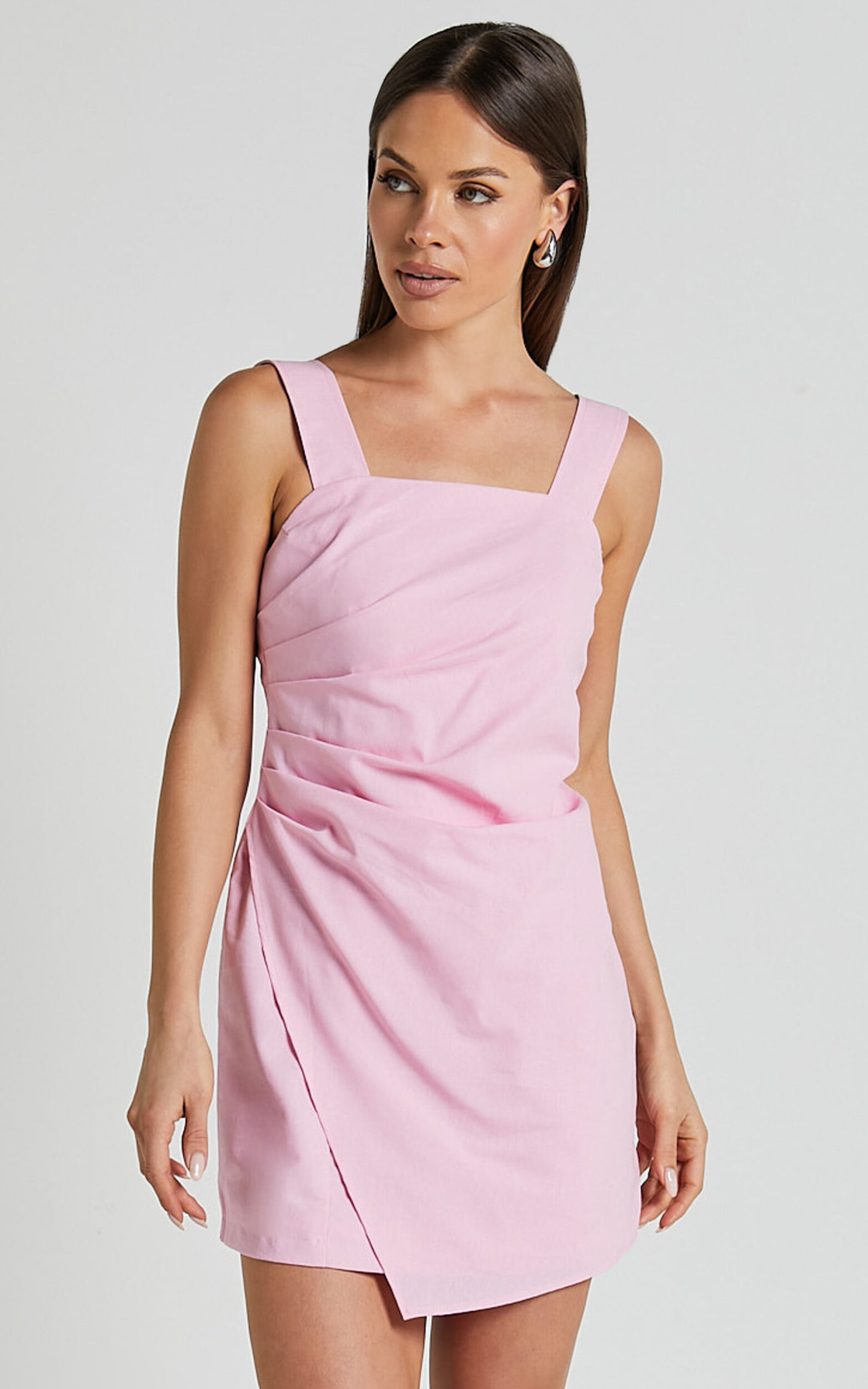 Abby Mini Dress - Straight Neck Wide Strap Wrap Dress in Pink