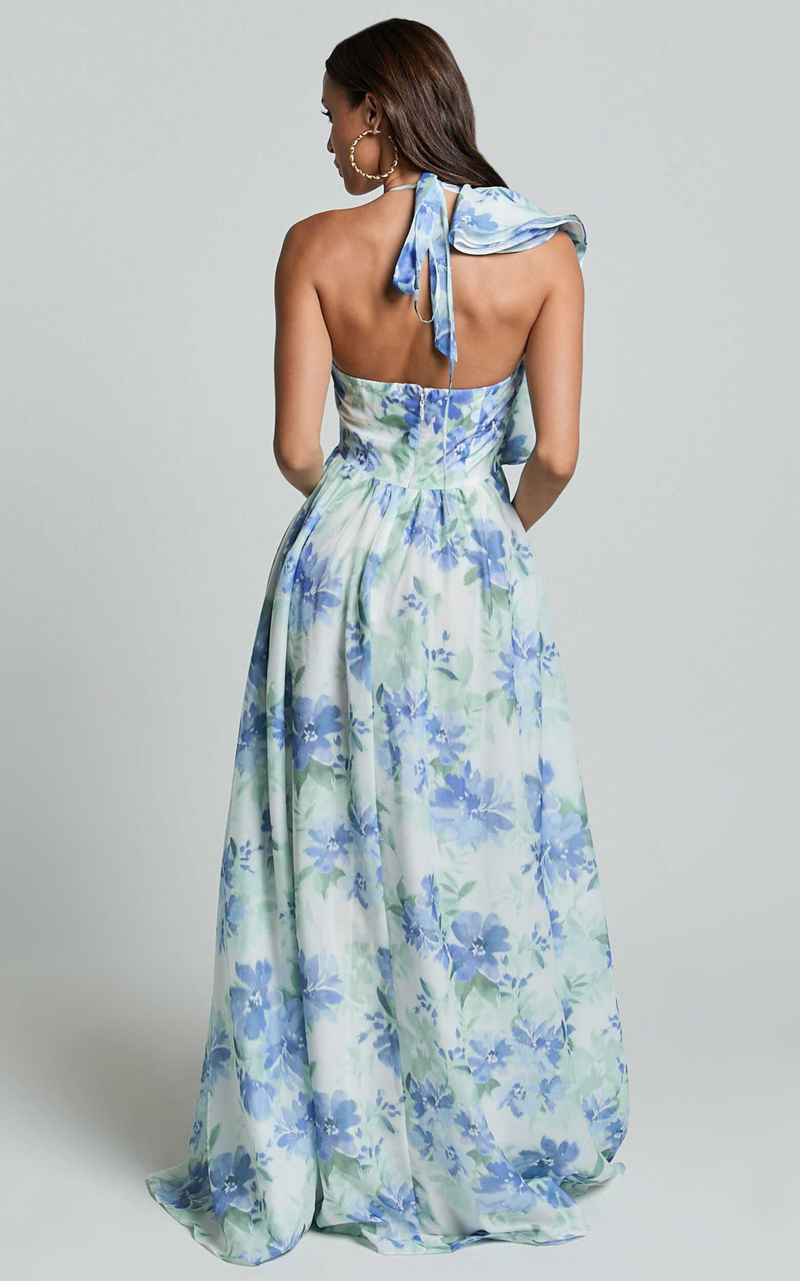 Amalie The Label - Fleur Halter Ruffle Detail A Line Maxi Dress in Elysian Print
