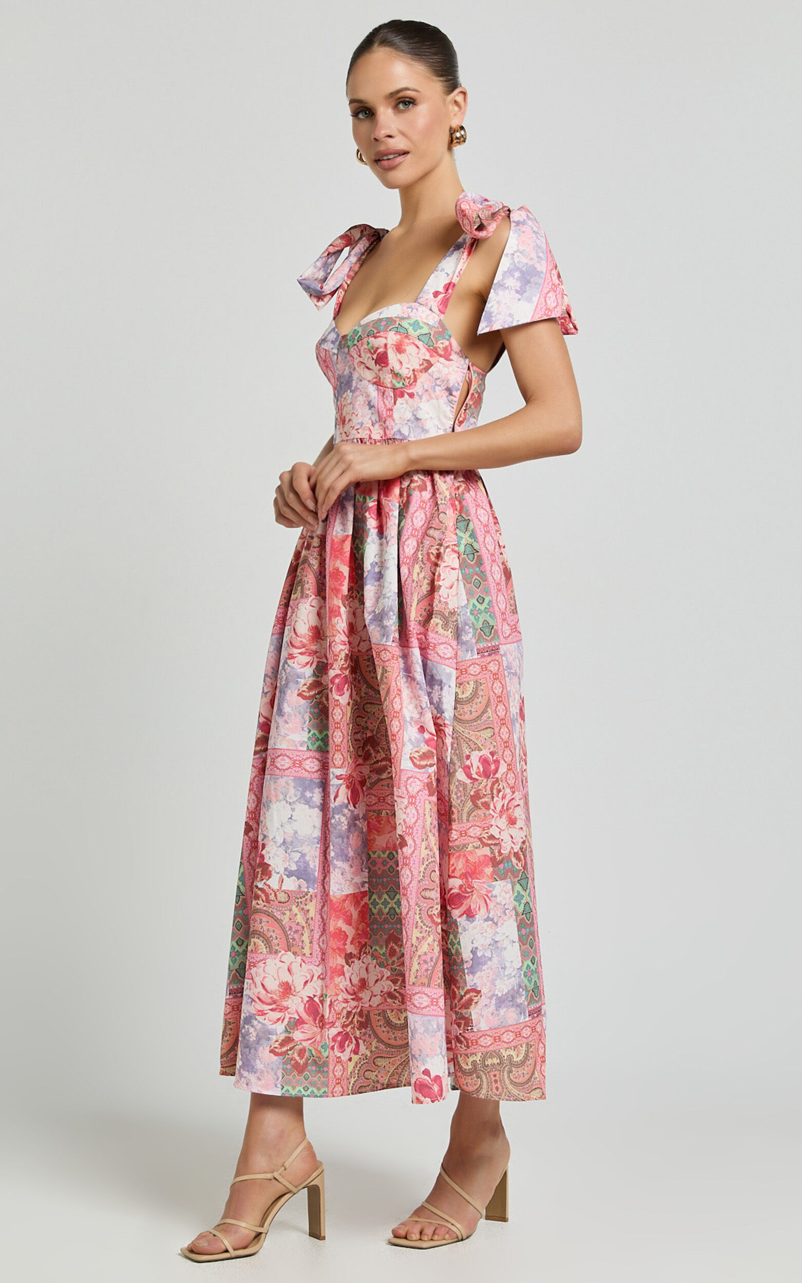 Meagan Midi Dress - Tie Shoulder Gathered Skirt Dress in Floral Mosaic Print