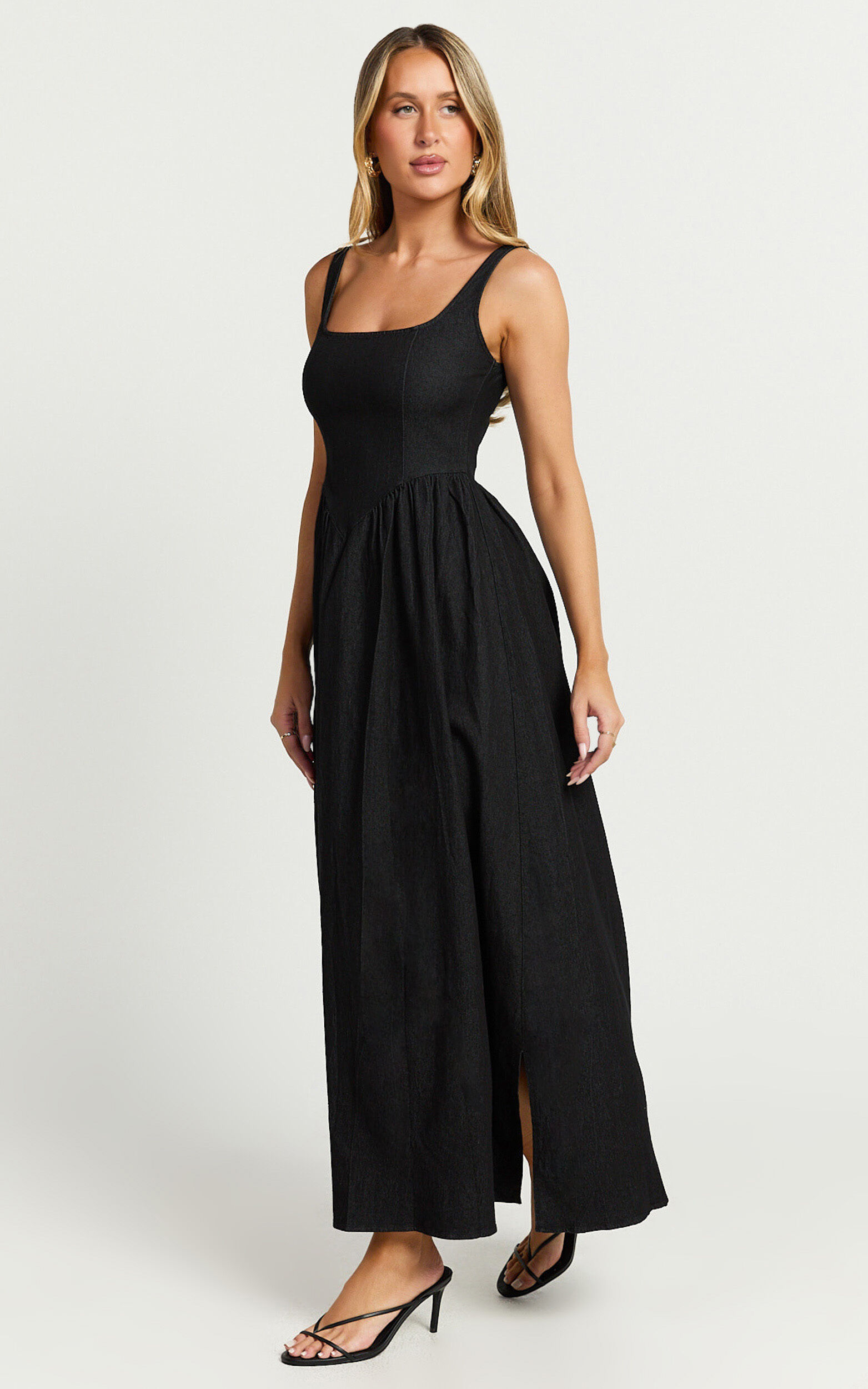 Rhaziya Midi Dress - Sleeveless Straight Neck Fit and Flare Dress in Black