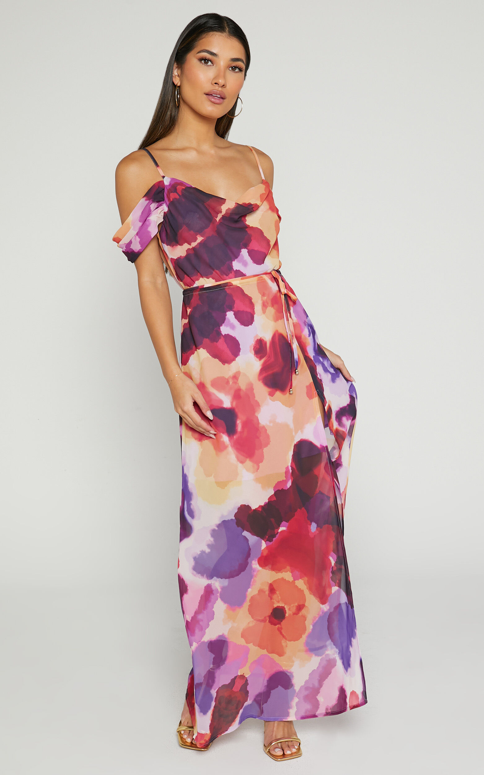Keira Midi Dress - Draped Off the Shoulder Dress in Watercolour Floral