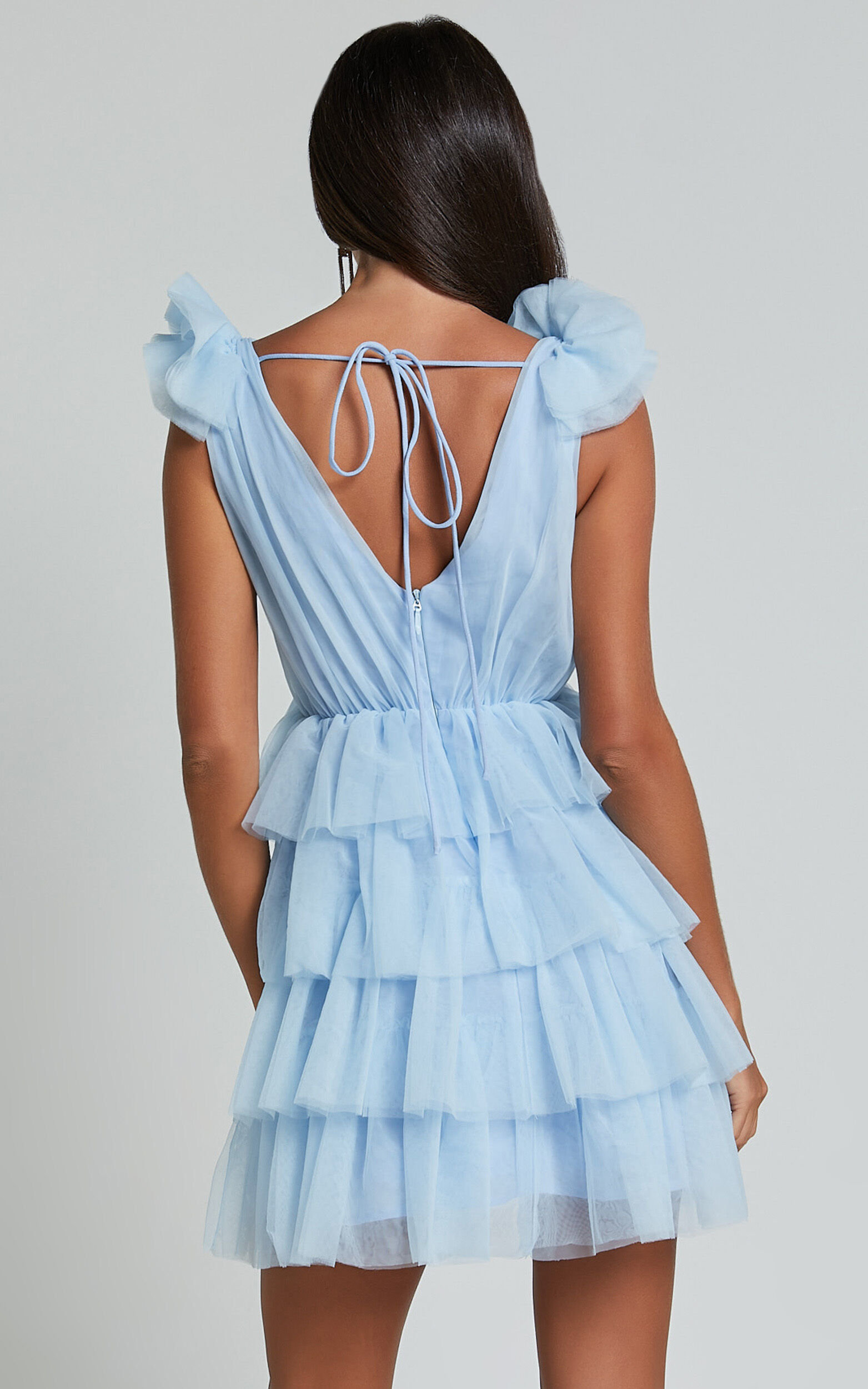 Hayden Mini Dress - Low Back Tulle Tiered Dress in Light Blue