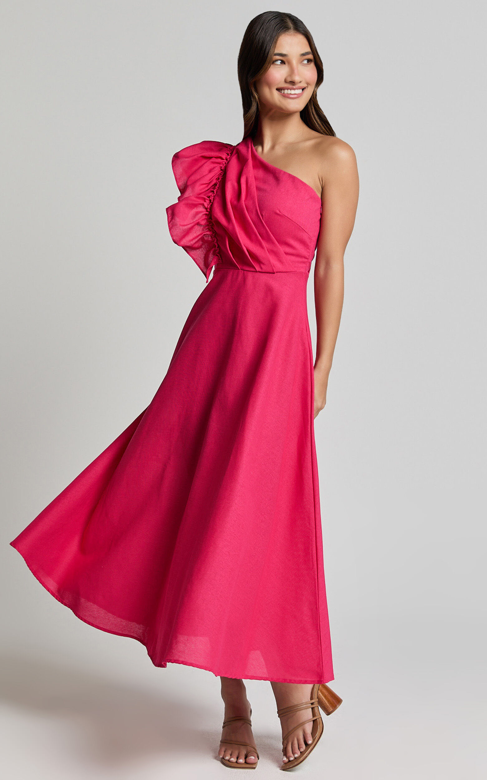 Dixie Midi Dress - Linen Look One Shoulder Ruffle Dress in Raspberry
