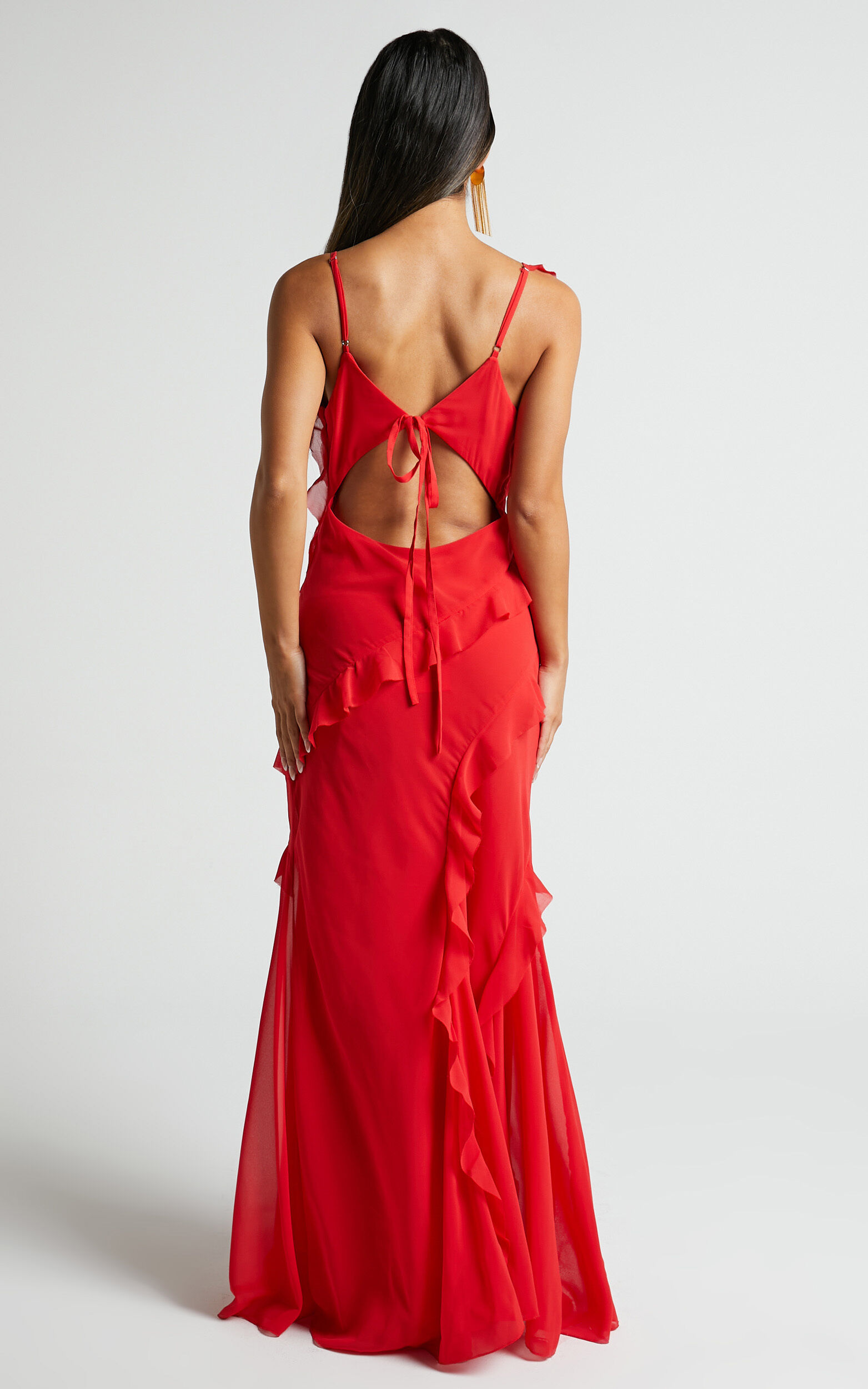 Nitha Maxi Dress - Asymmetrical Frill Thigh Split Dress in Red