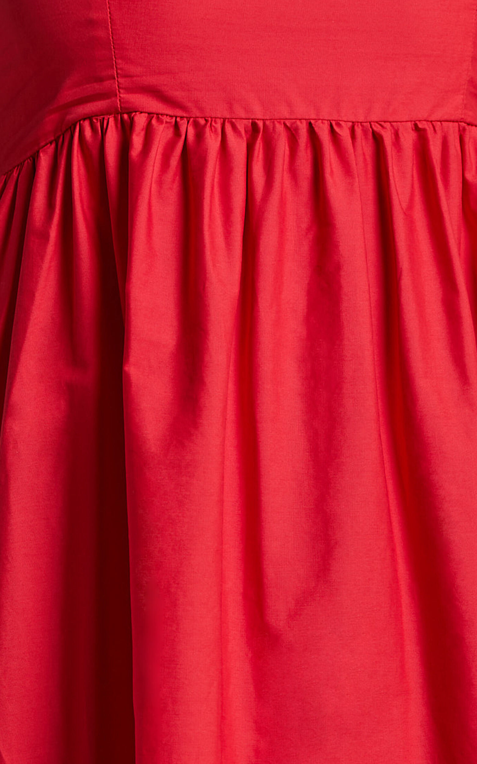 Aveiro Midi Dress - Straight Neck Shoulder Tie High Low Ruffle Hem in Red