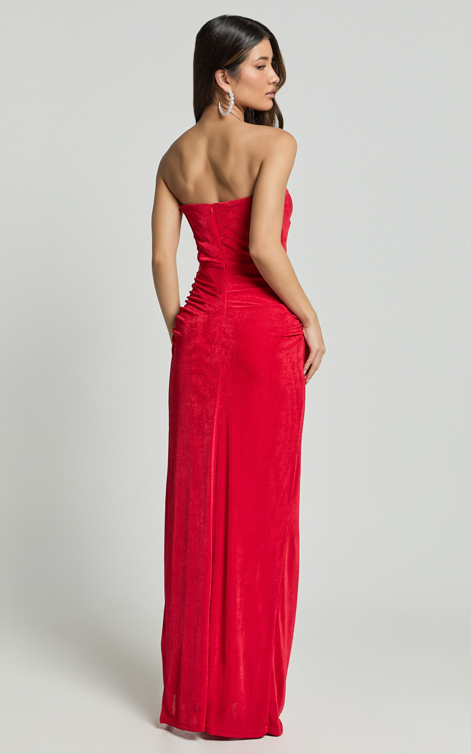 Brydie Maxi Dress - Strapless Corset Draped High Split Dress in Red