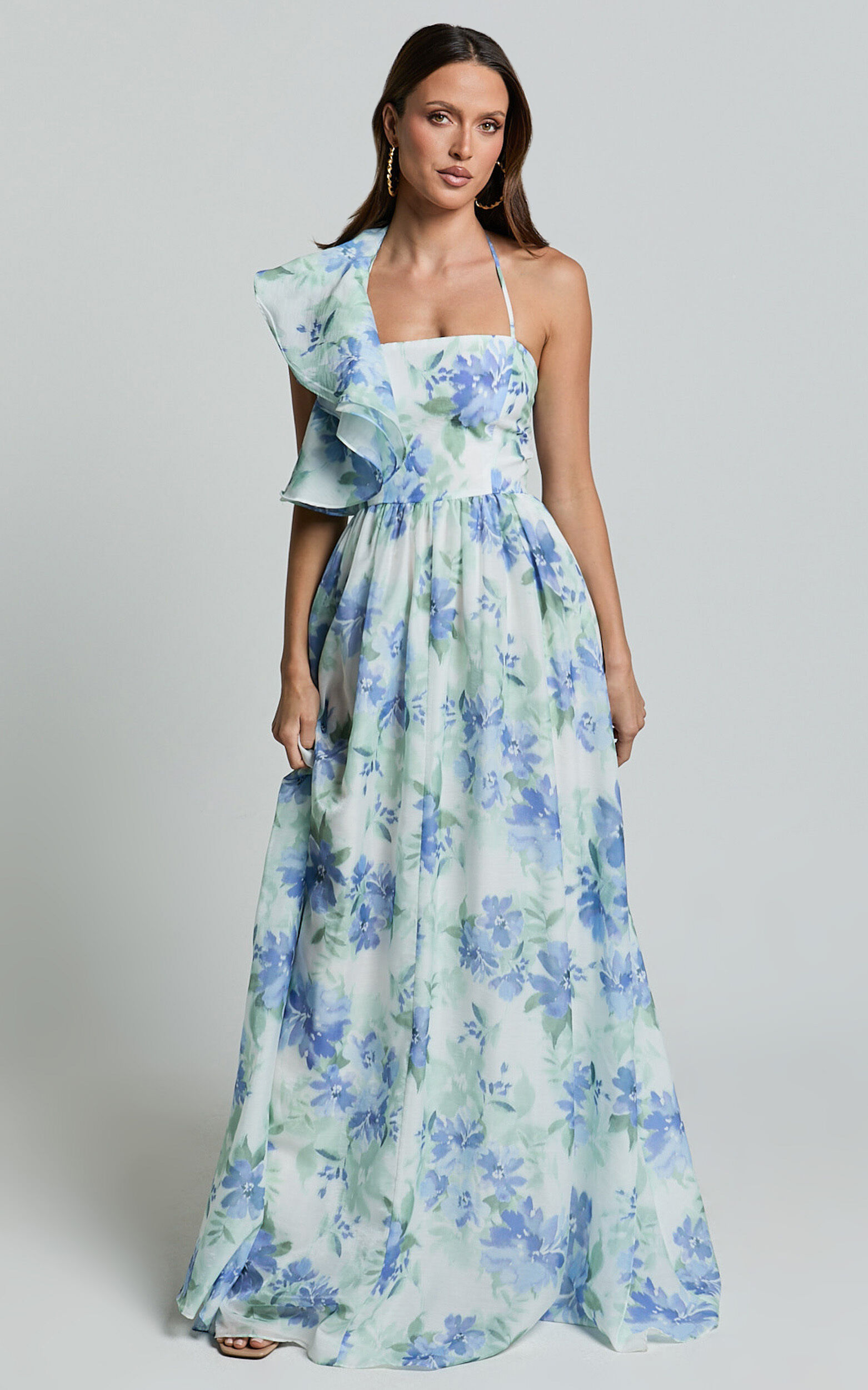 Amalie The Label - Fleur Halter Ruffle Detail A Line Maxi Dress in Elysian Print