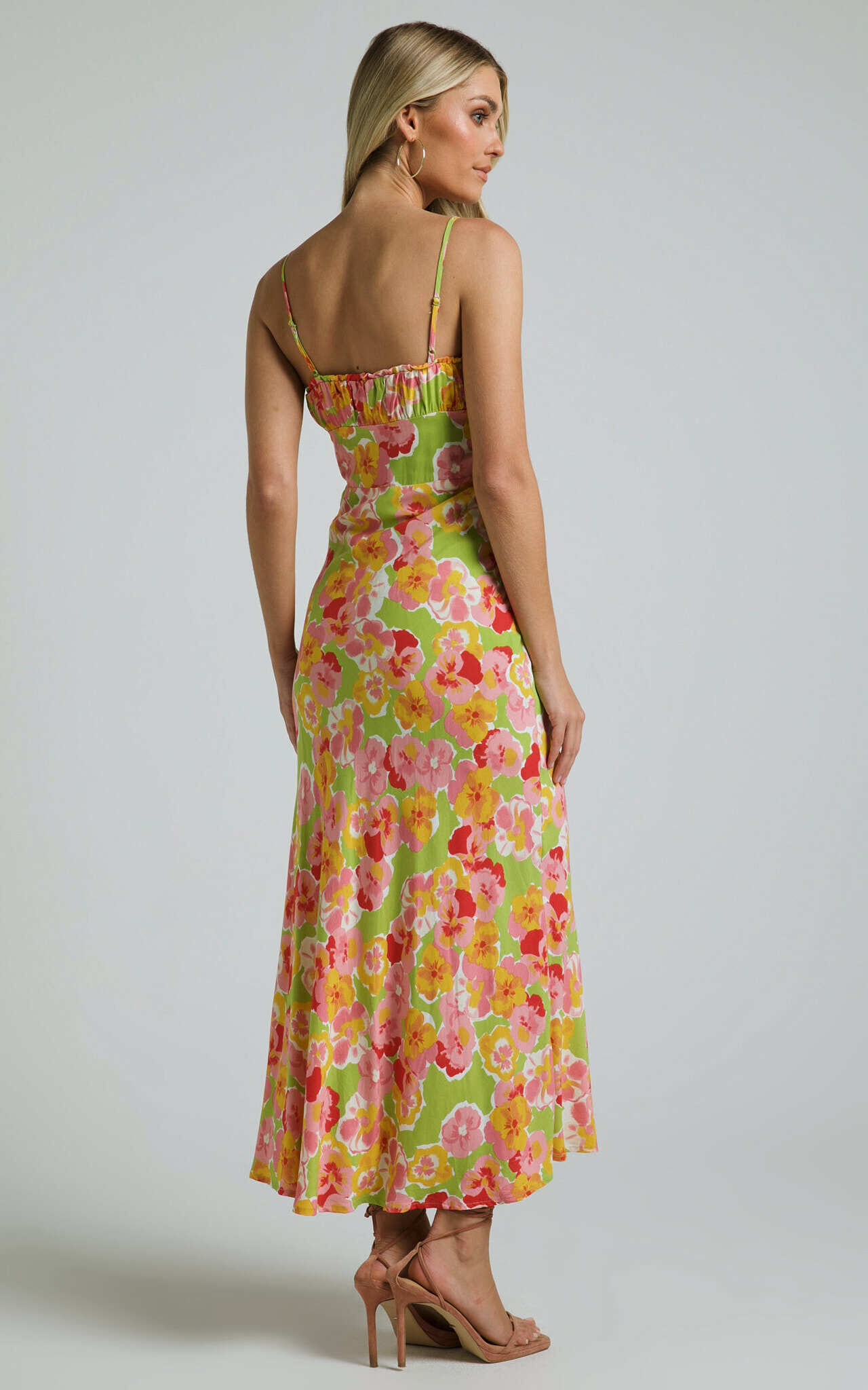 Elmerie Midi Dress - Sleeveless Tie Neck Front Dress in Green Floral Print