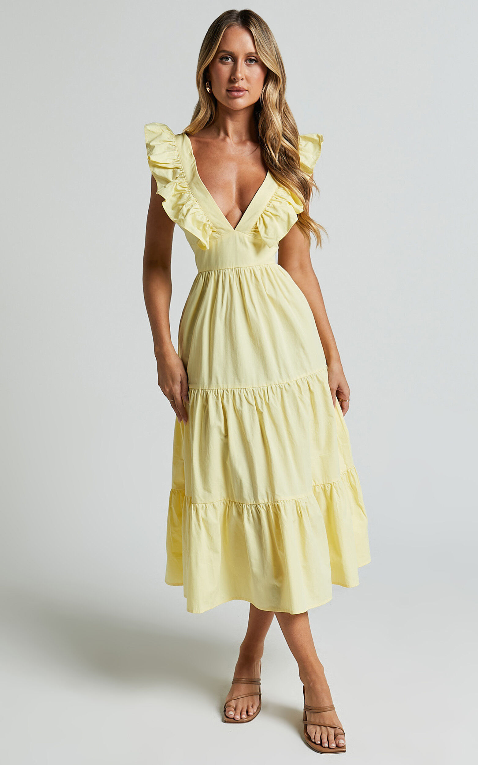 Levona Midi Dress - Ruffle Shoulder Tiered Dress in Lemon