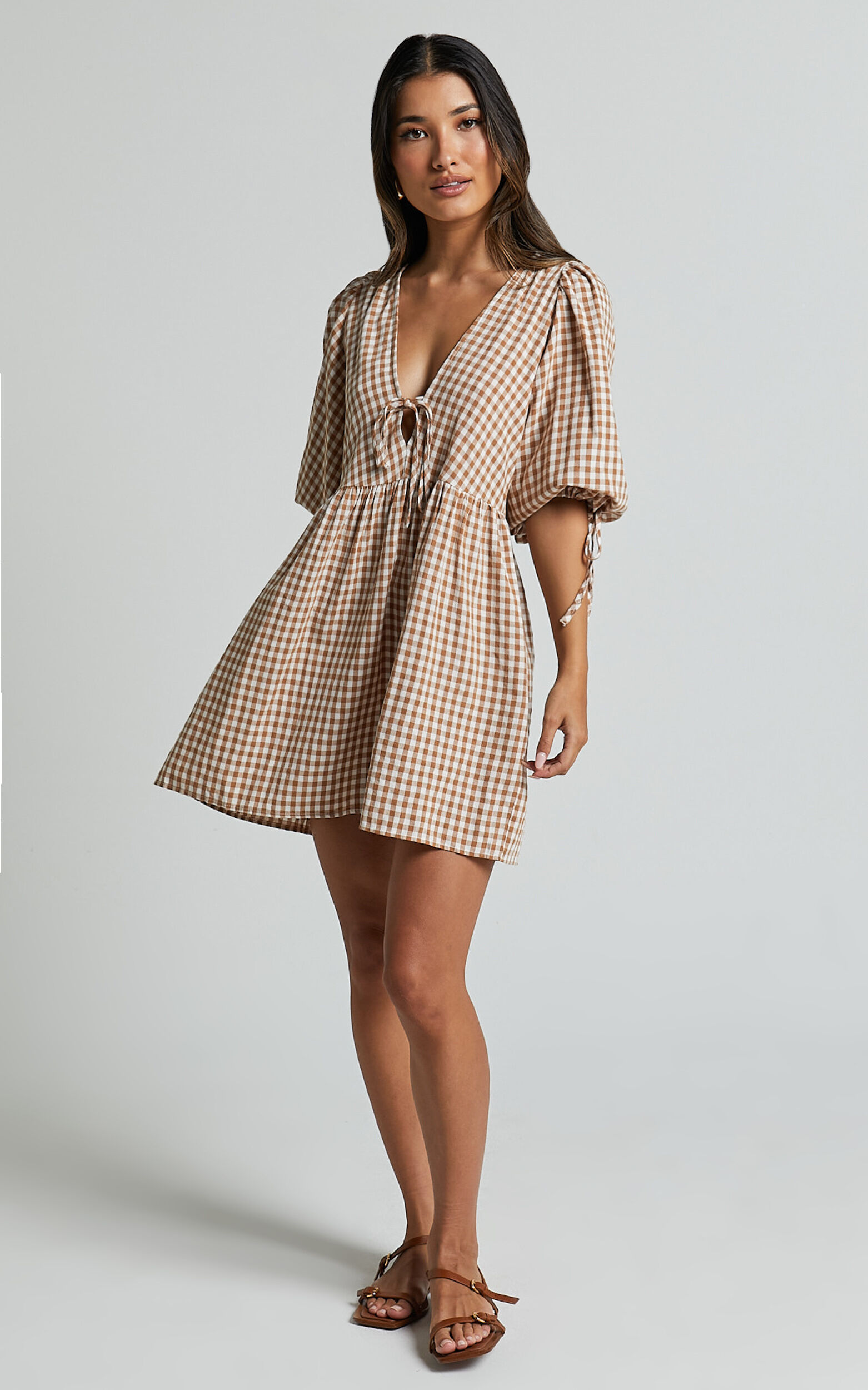 Rosita Mini Dress - Tie Front Puff Sleeve Dress in Caramel & White Gingham
