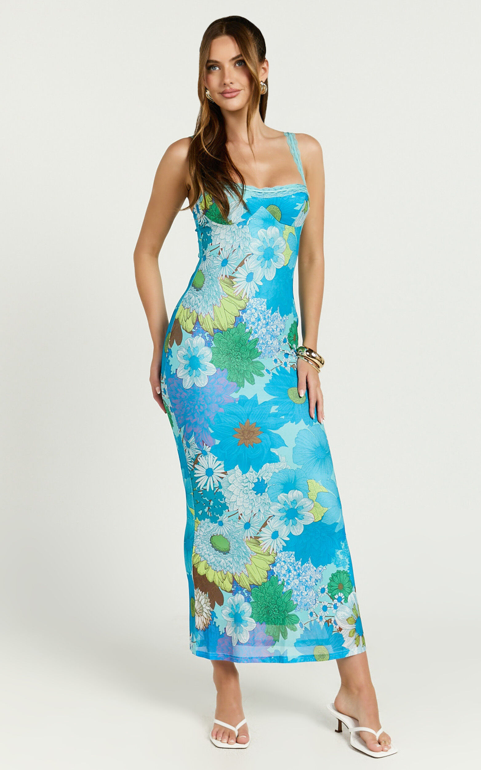 Shelia Midi Dress - Floral Printed Sweetheart Midi Dress in Blue Floral