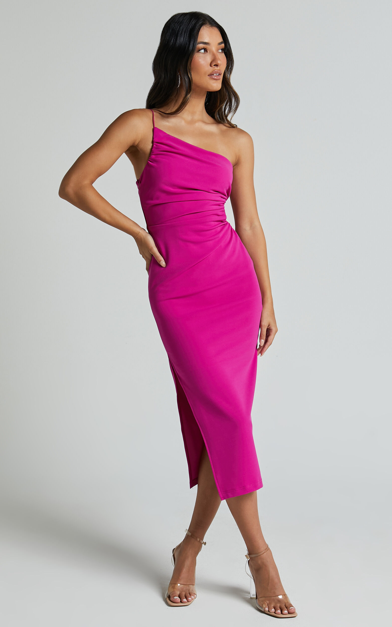 Cedrych Midi Dress - Side Cut Out Asymmetric Bodycon Dress in Fuschia