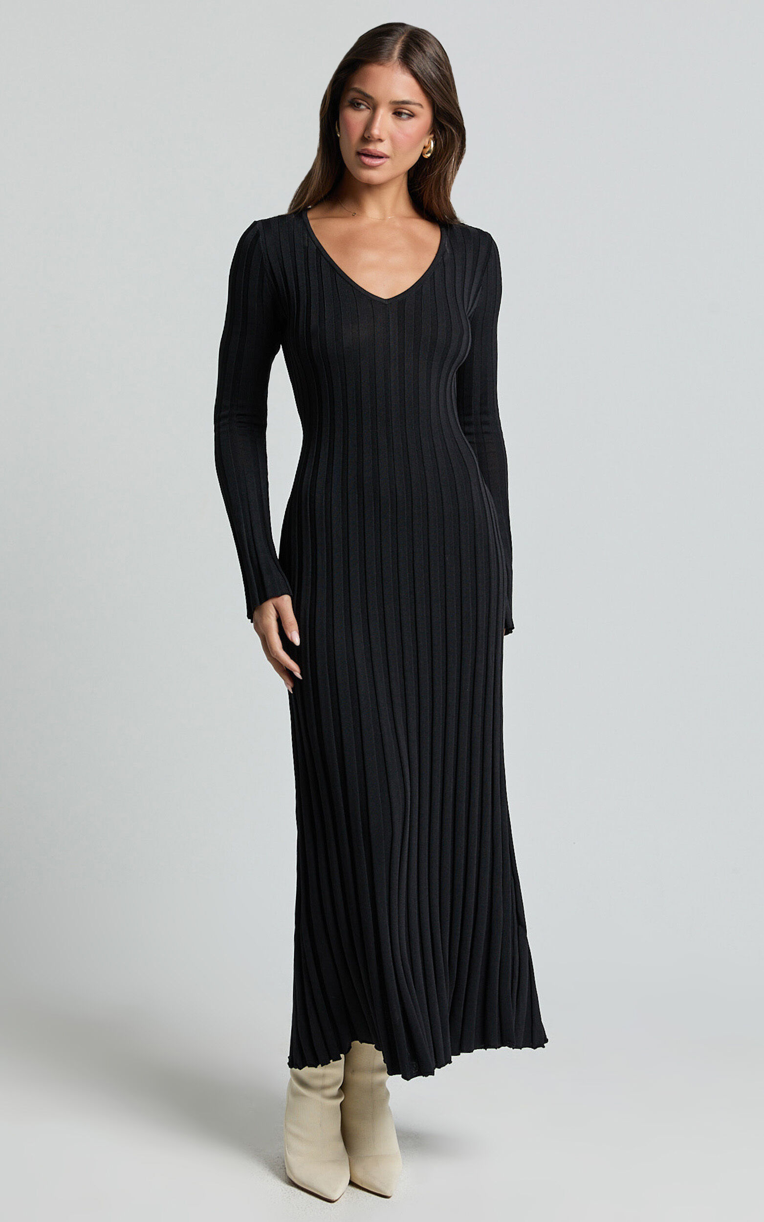 Astra Midi Dress - V Neck Long Sleeve Knit Dress in Black