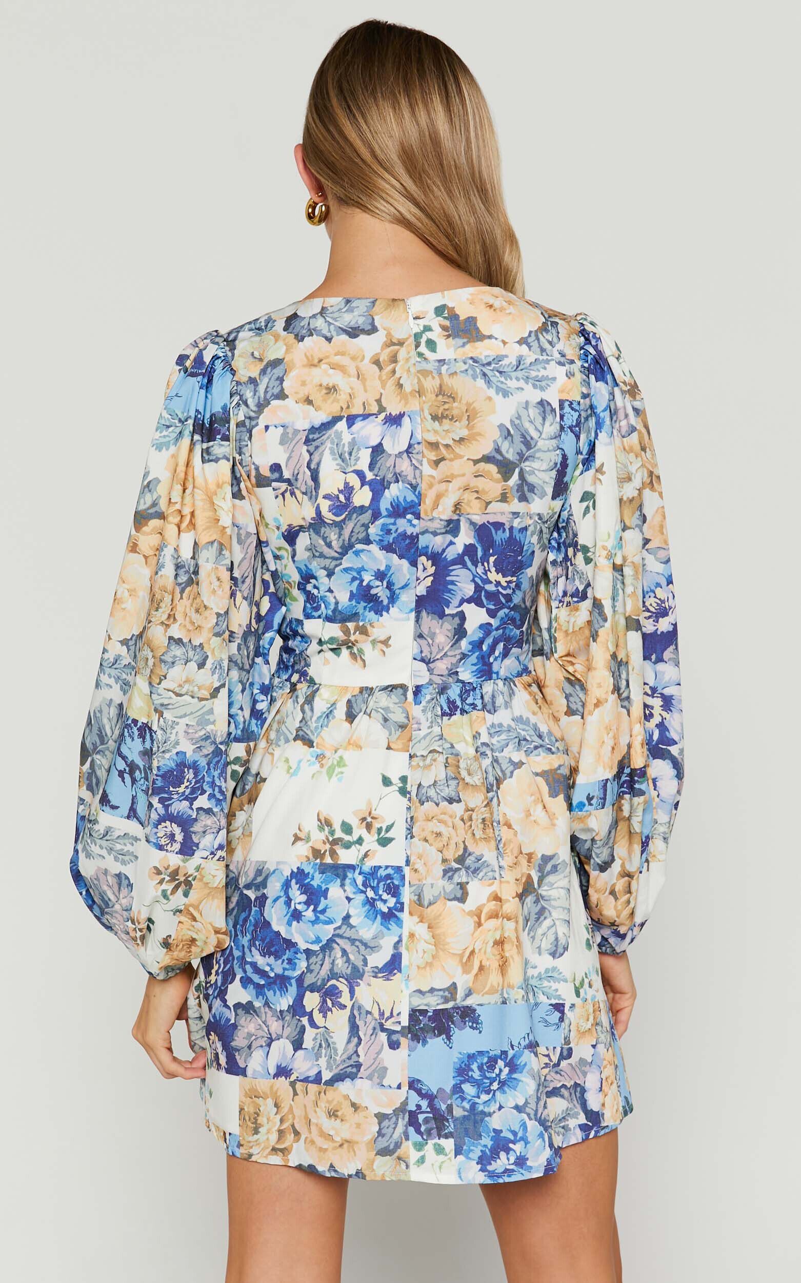 Emily Mini Dress - V Neck Long Sleeve Cut Out Dress in Patchwork Floral