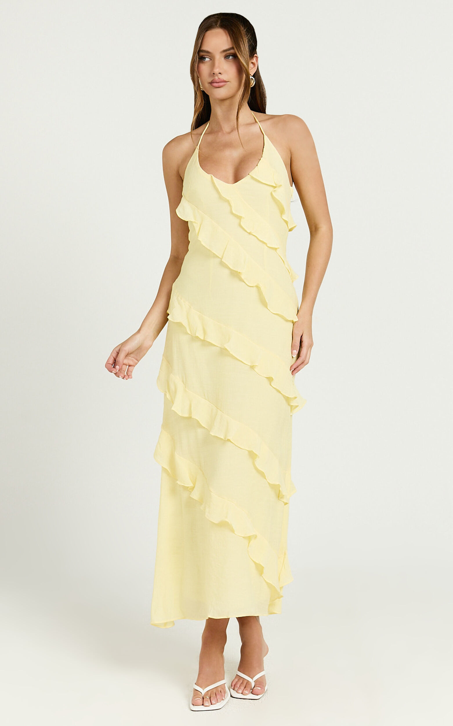 Brayden Midi Dress - V Neck Ruffle Dress in Lemon