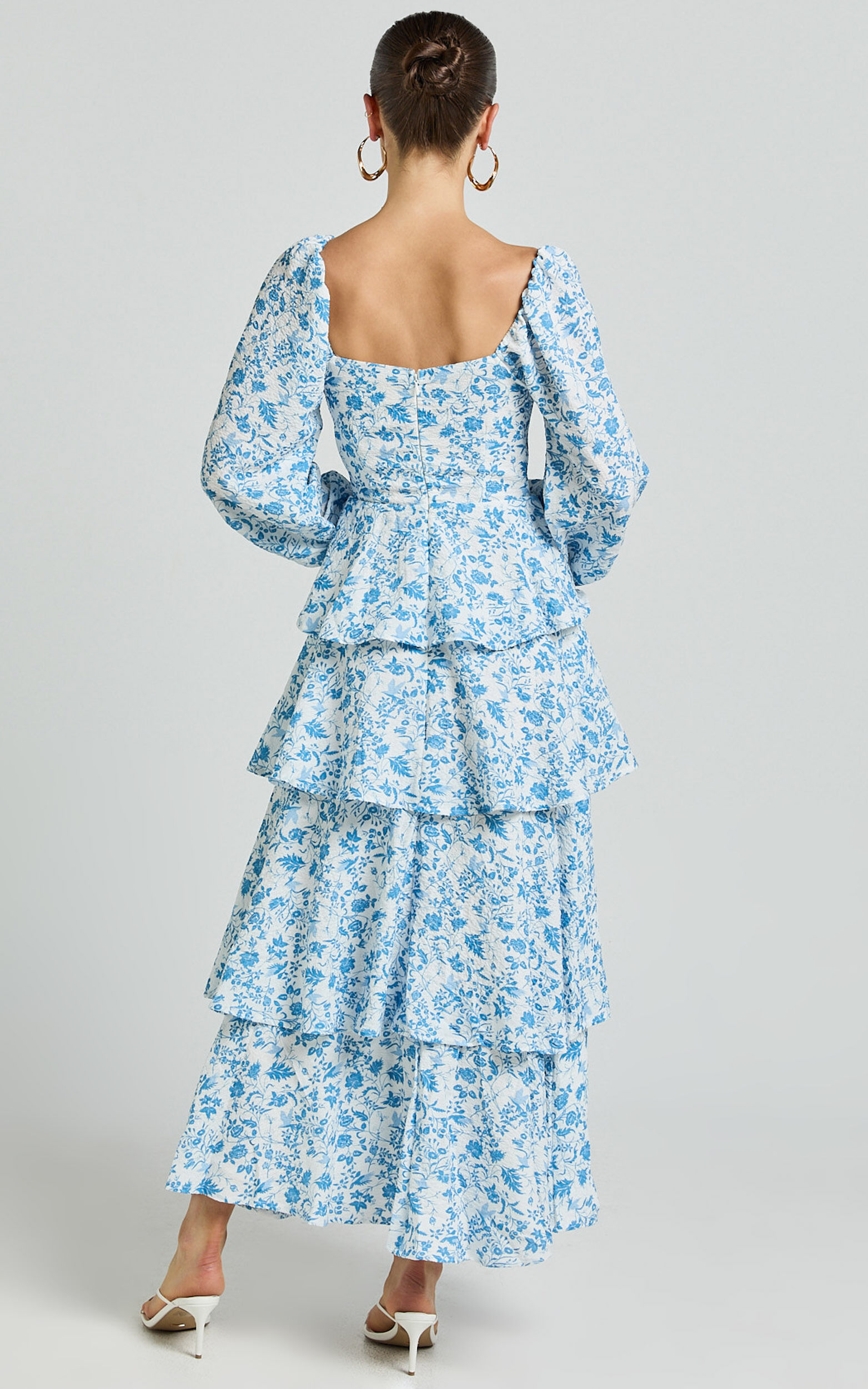 Wendy Midi Dress - Sweetheart Long Sleeve Layered Dress in Blue Floral