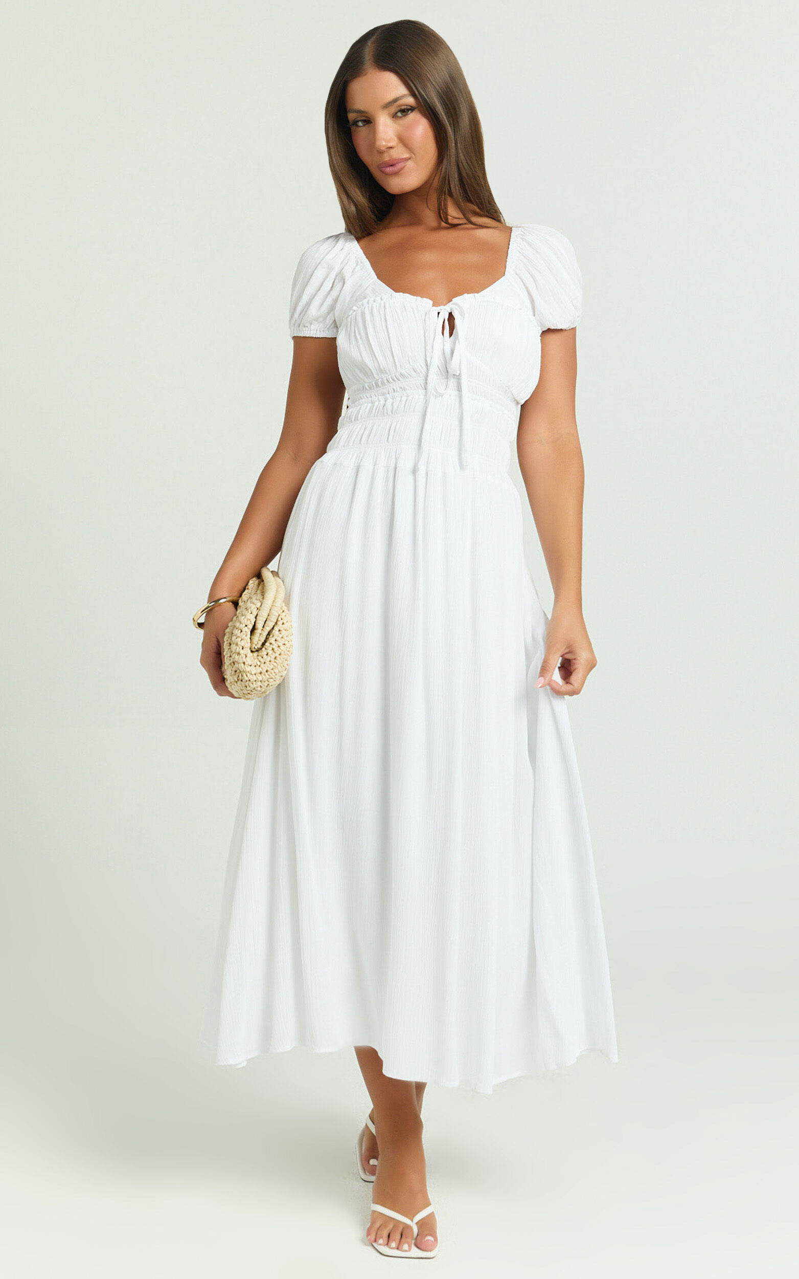 Nova Midi Dress - Open Back Ruched Dress in White