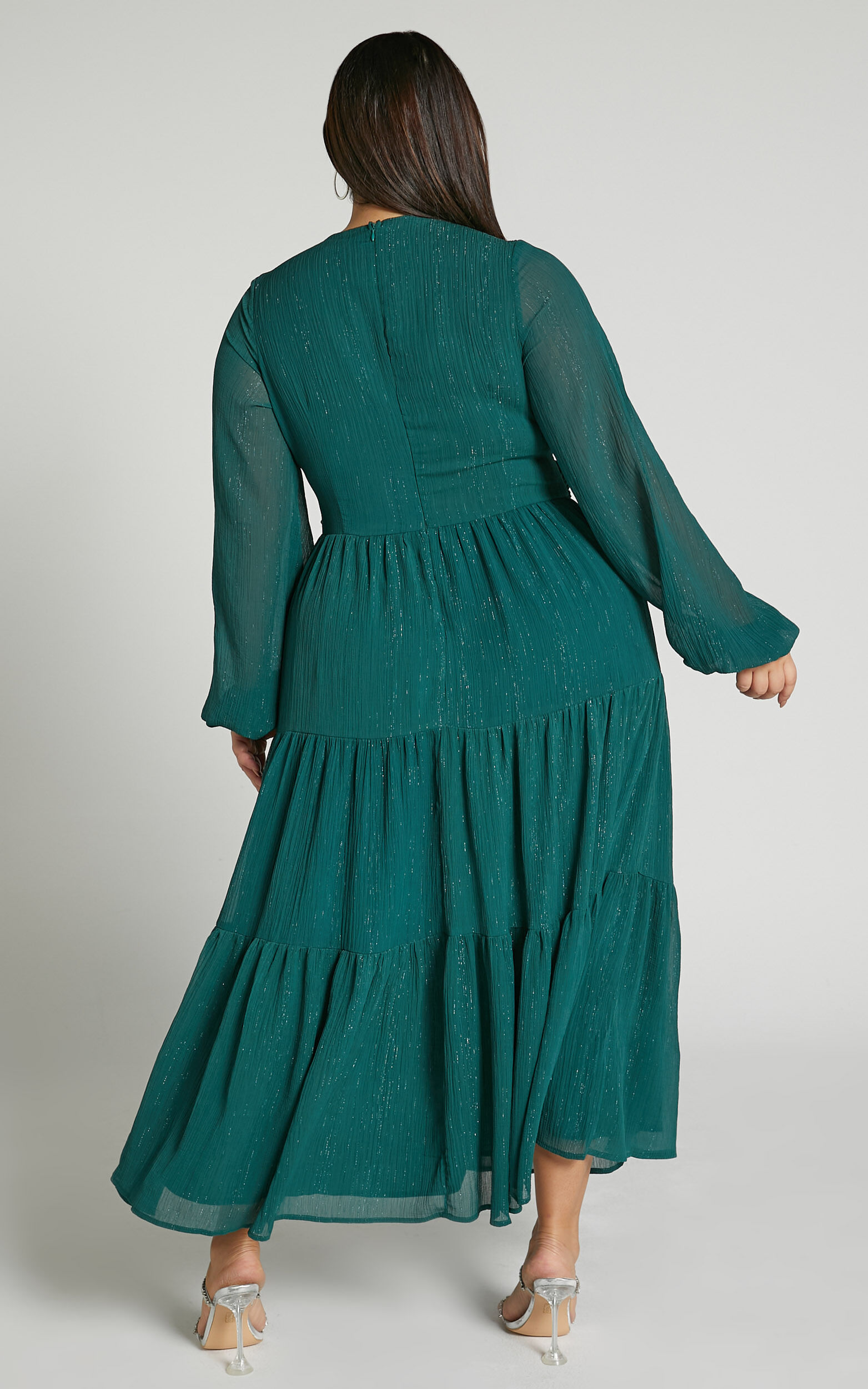 Edelyn Midi Dress - Cut Out Balloon Sleeve Tiered Dress in Emerald