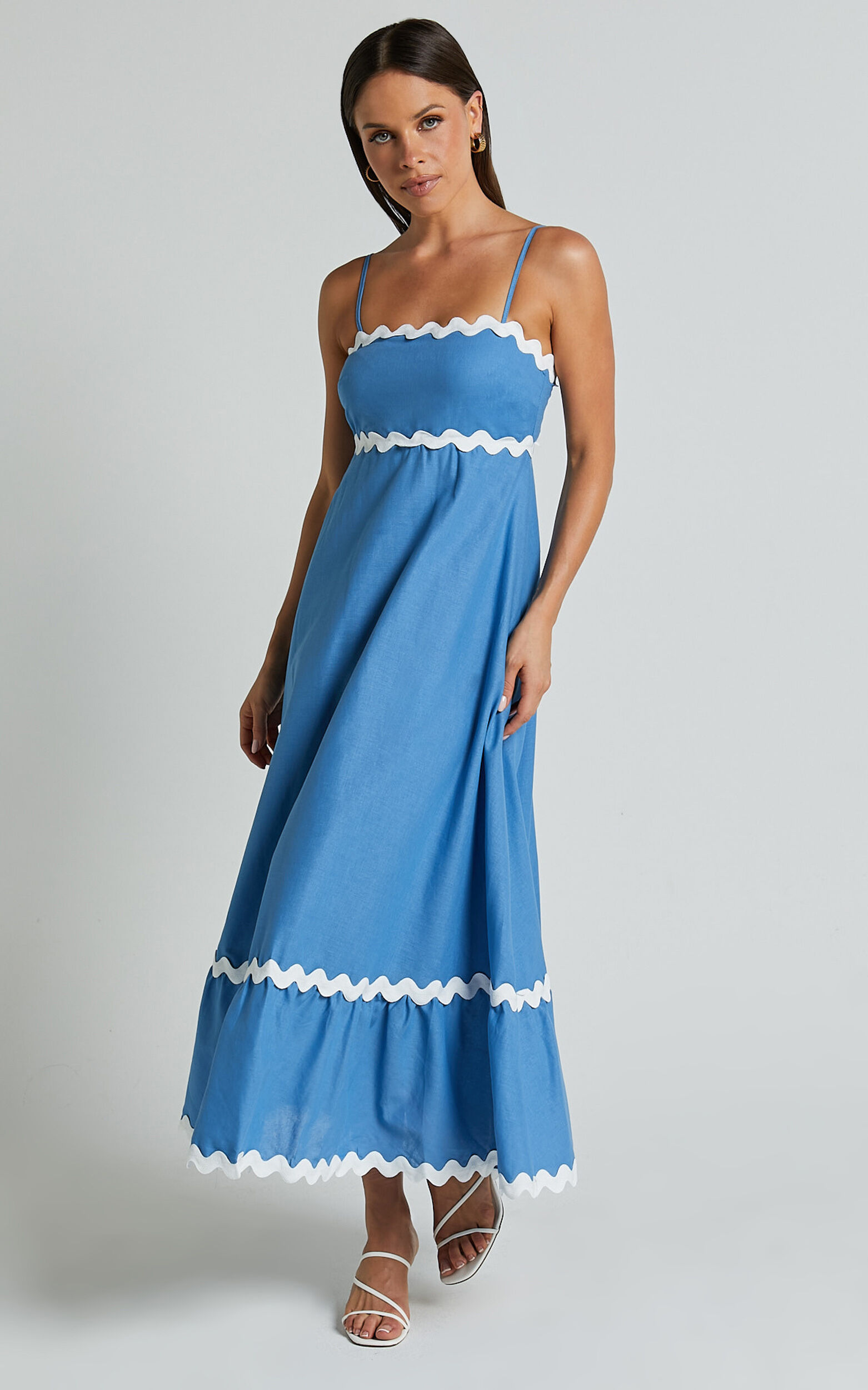 Moriseth Midi Dress - Linen Sleeveless Fit Flare Dress in Blue