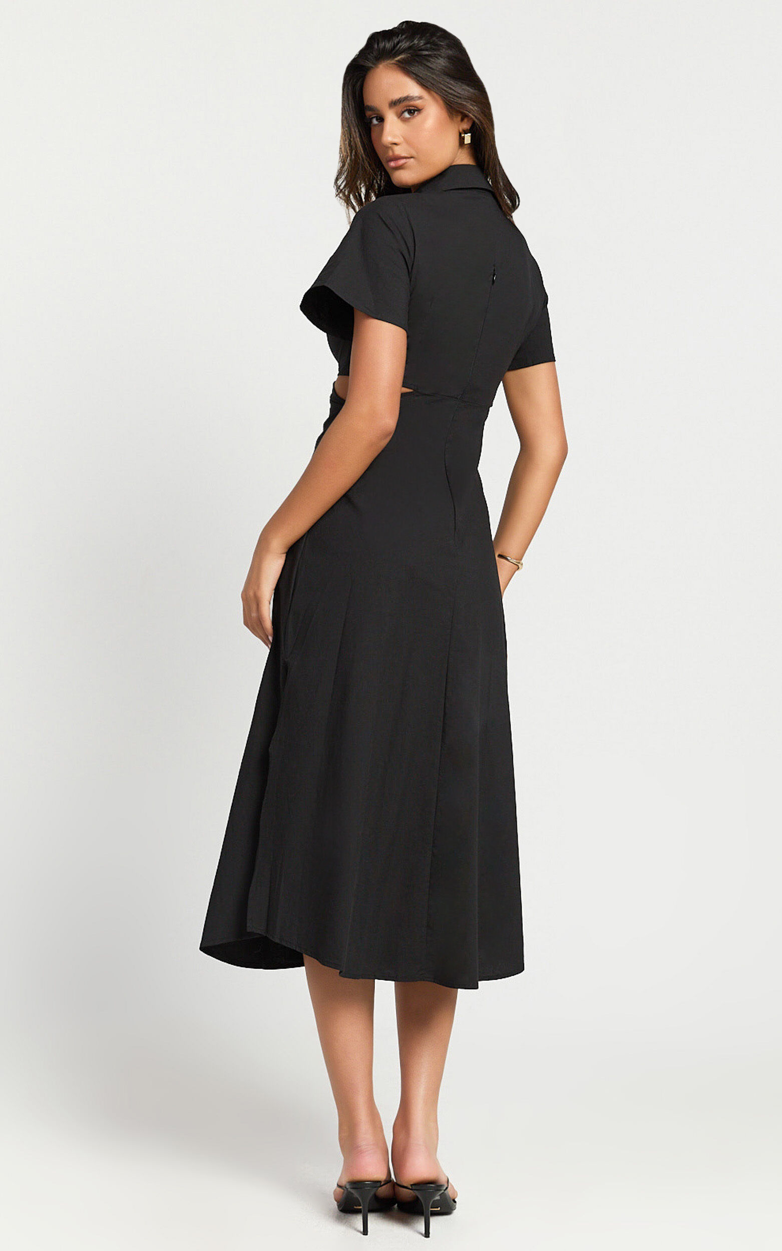 Aeryn Midi Dress - Front Twist Cut Out Shirt Dress in Black