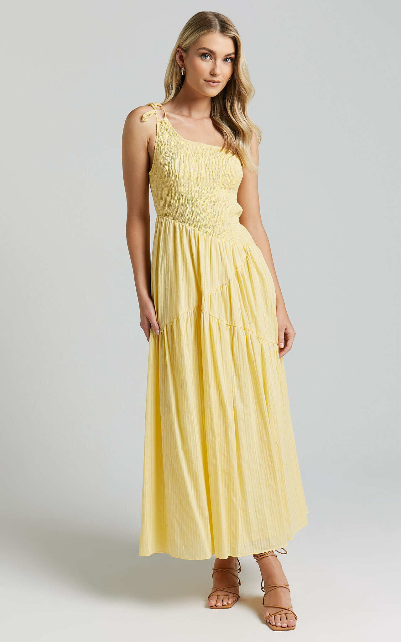Zhibet Midi Dress - One Shoulder Tie Fit and Flare Dress in Yellow