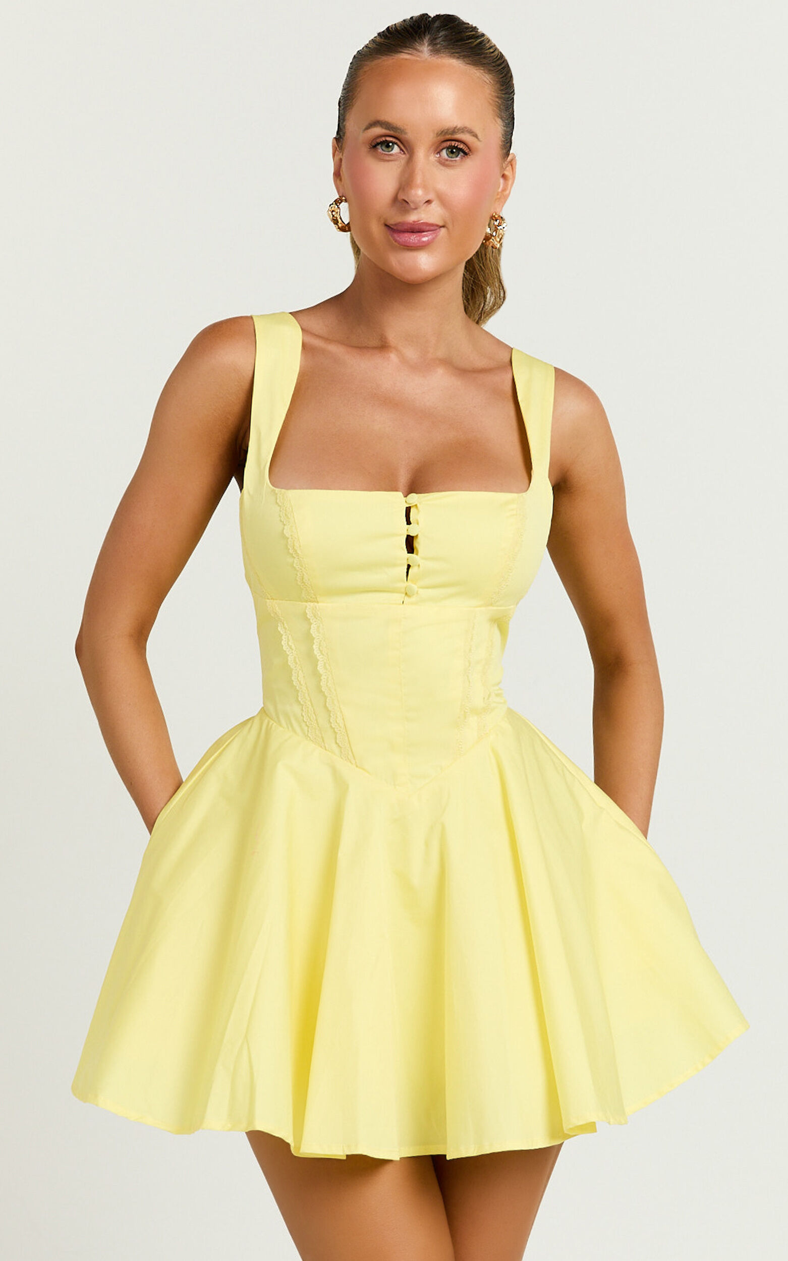 Indi Mini Dress - Square Neckline Lace Up Back Dress in Lemon