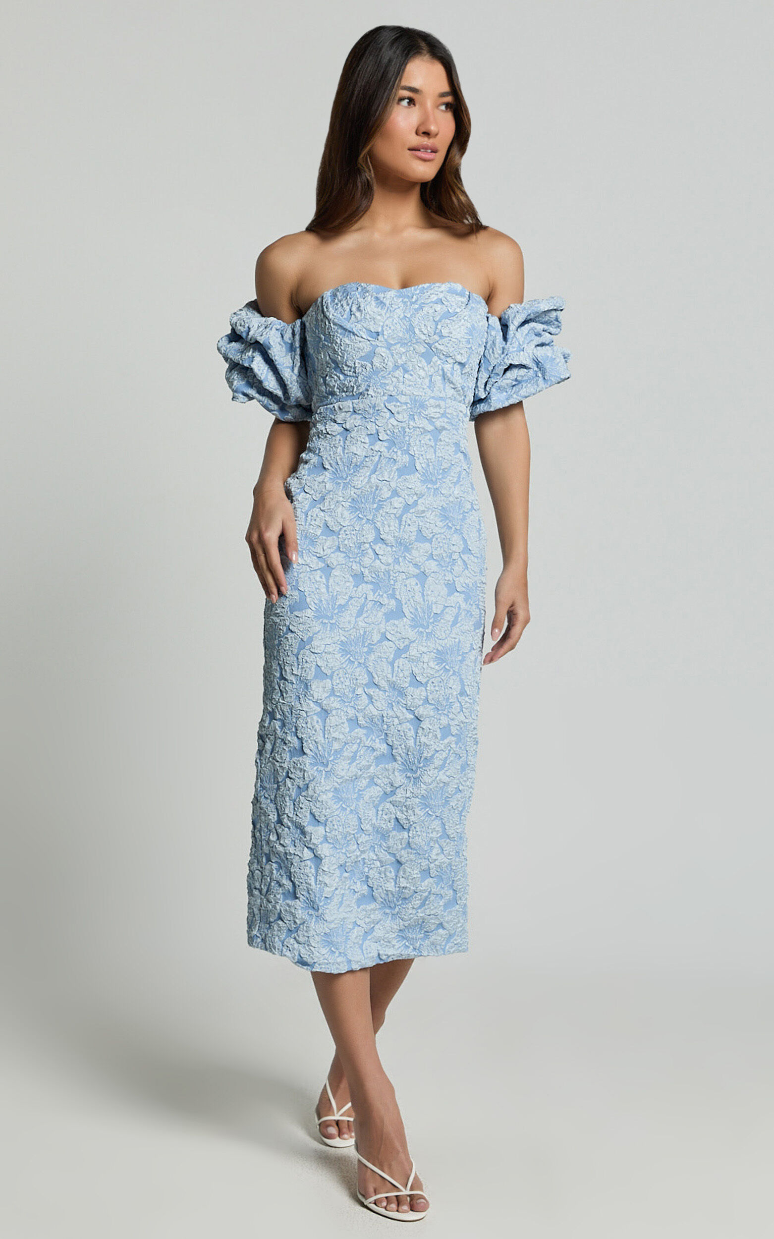 Brielle Midi Dress - Off the Shoulder Short Sleeve Sweetheart Dress in Soft Blue