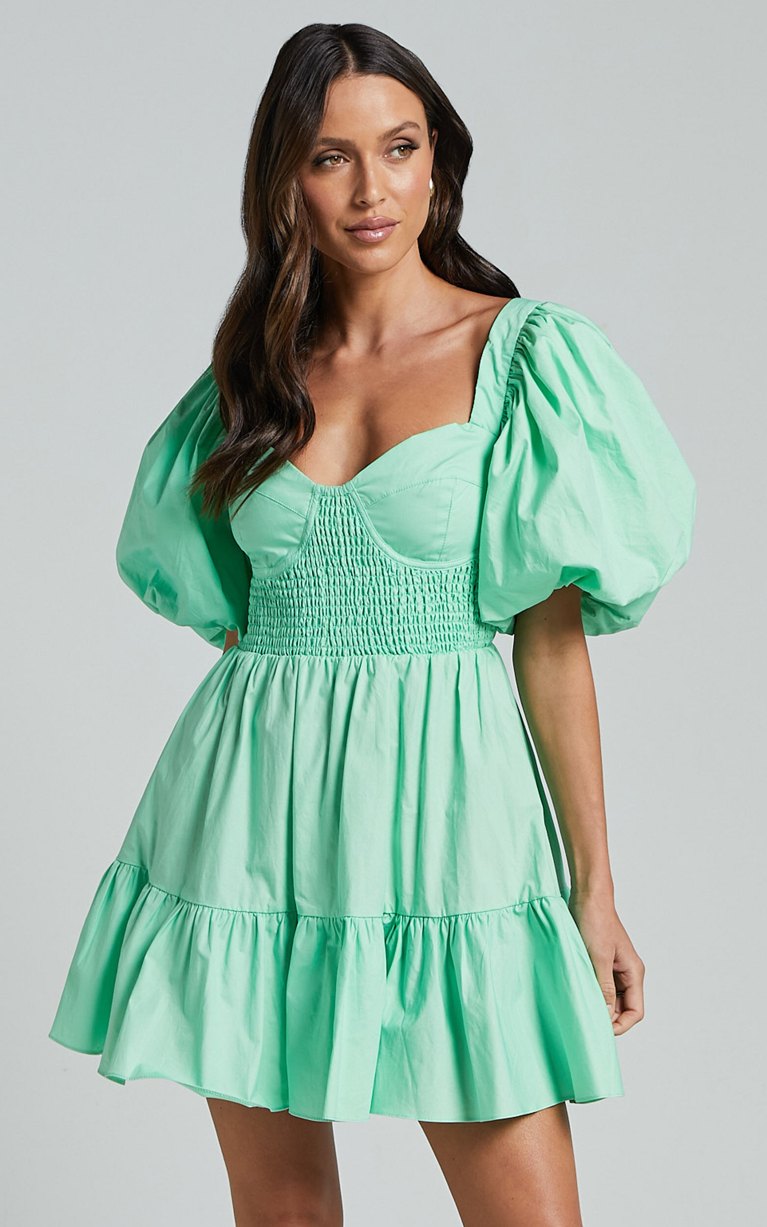 Rhiza Mini Dress - Sweetheart Puff Sleeve Flare Dress in Mint
