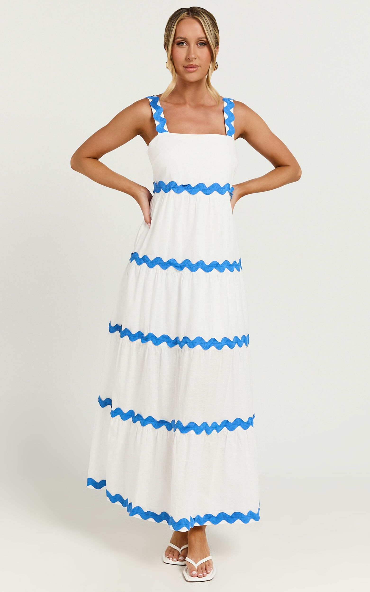 Brenda Midi Dress - Sleeveless Straight Neck Wave Detail A Line Dress in White