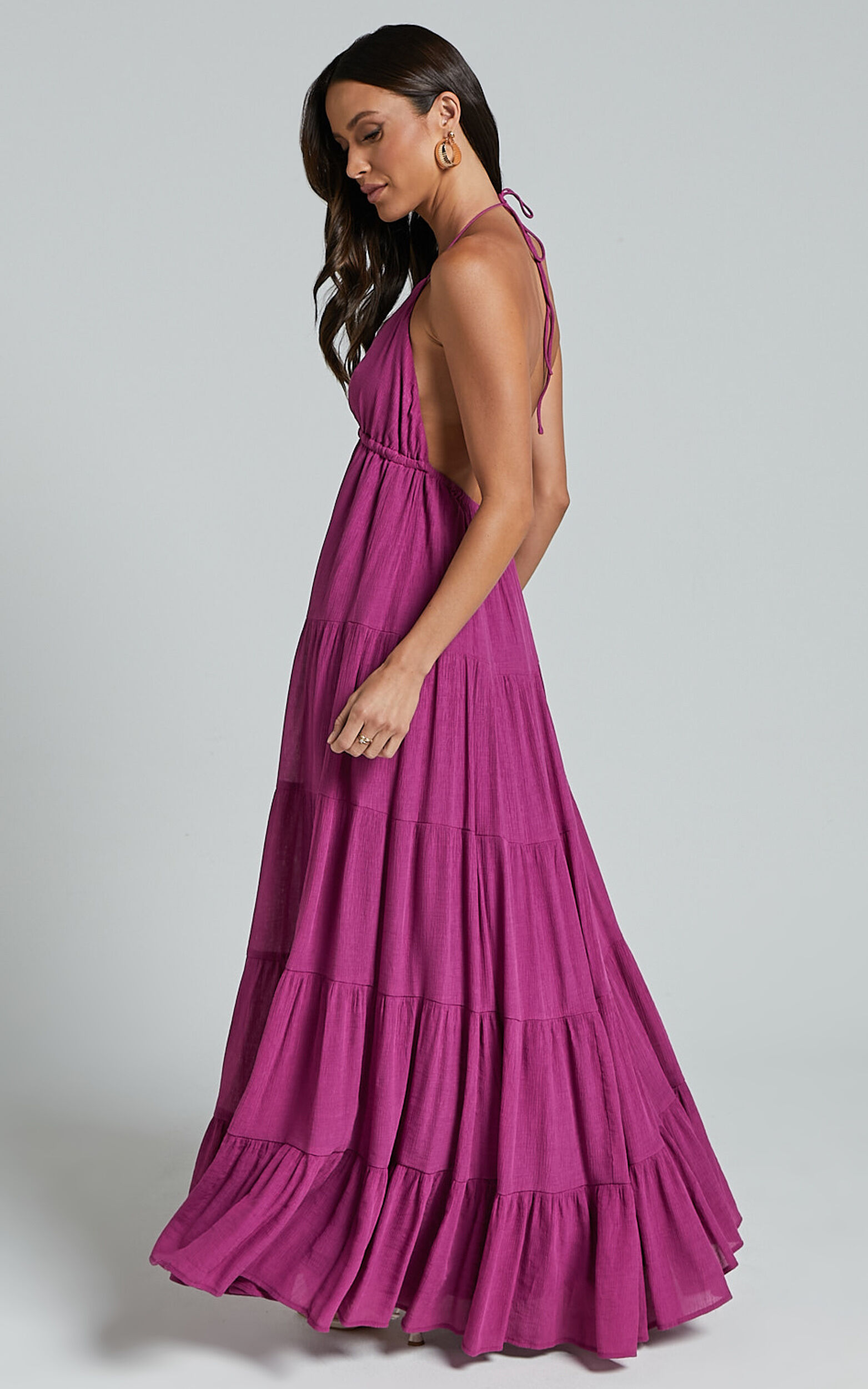 Claudia Maxi Dress - Halter Neck Low Back Empire Waist Tiered Dress in Magenta