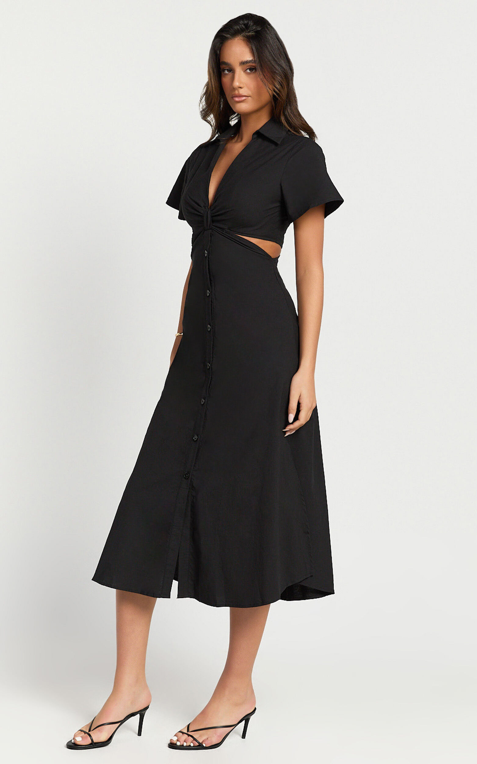 Aeryn Midi Dress - Front Twist Cut Out Shirt Dress in Black