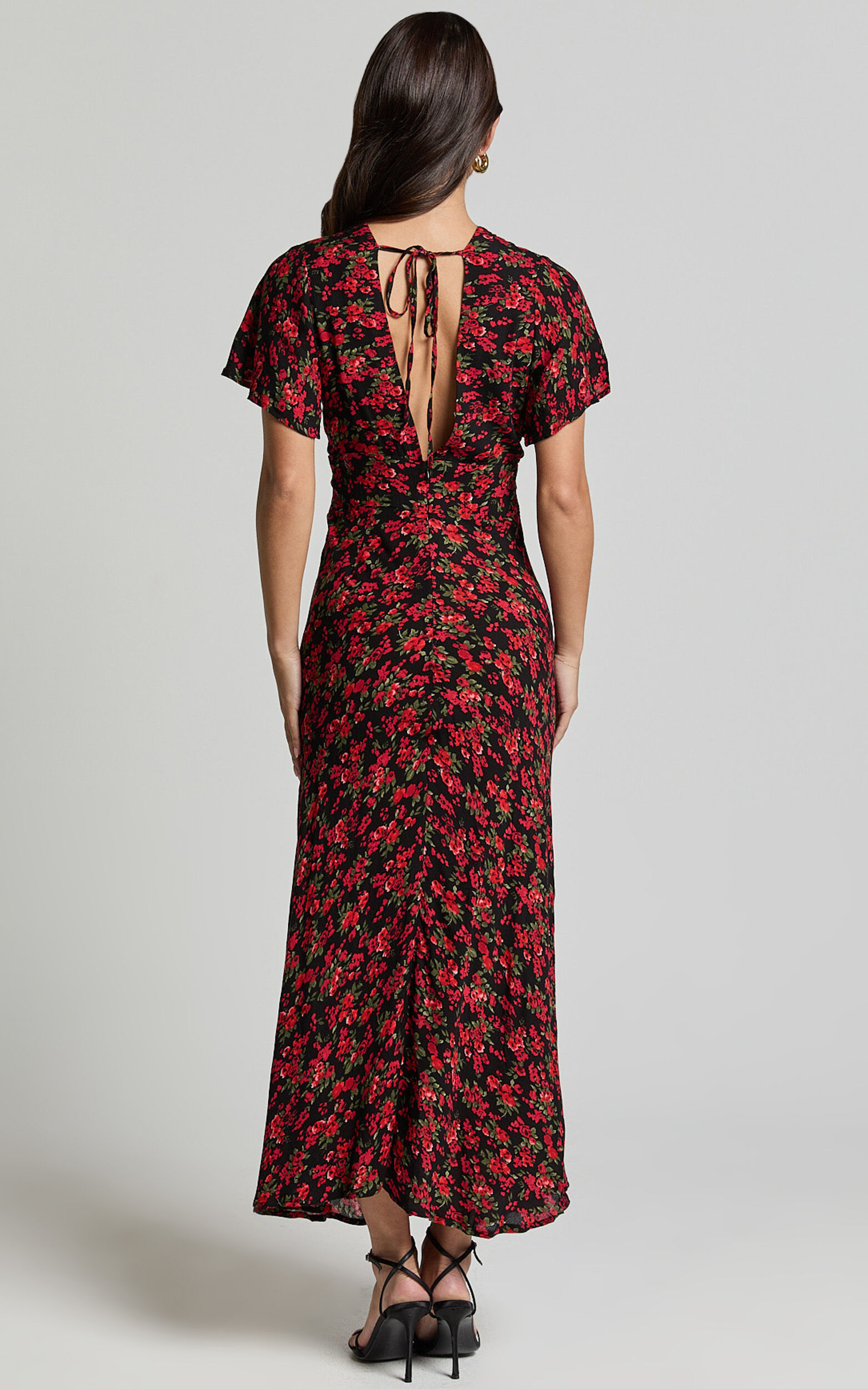 Vanya Midi Dress - V Neck Short Sleeve Lace Trim Tie Back Slip Dress in Black Floral