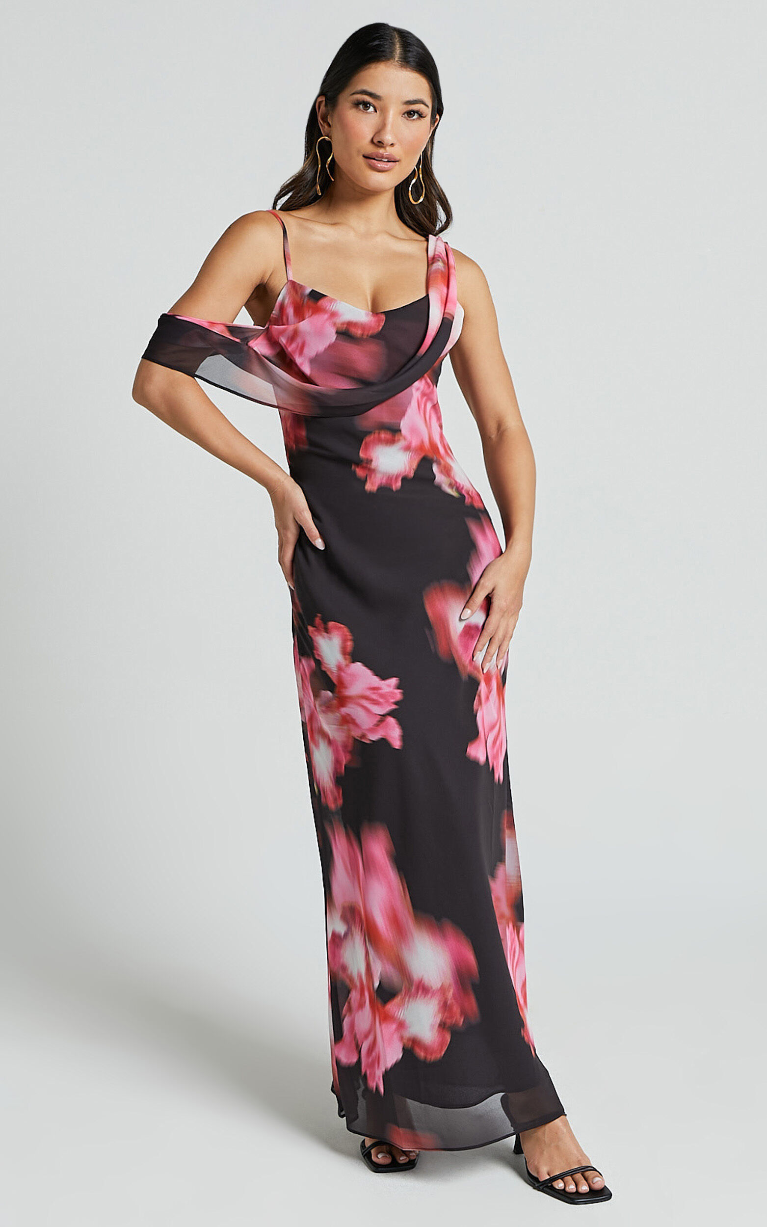 Jeanie Maxi Dress - Cowl Neck One Shoulder Slip Dress in Daze Print
